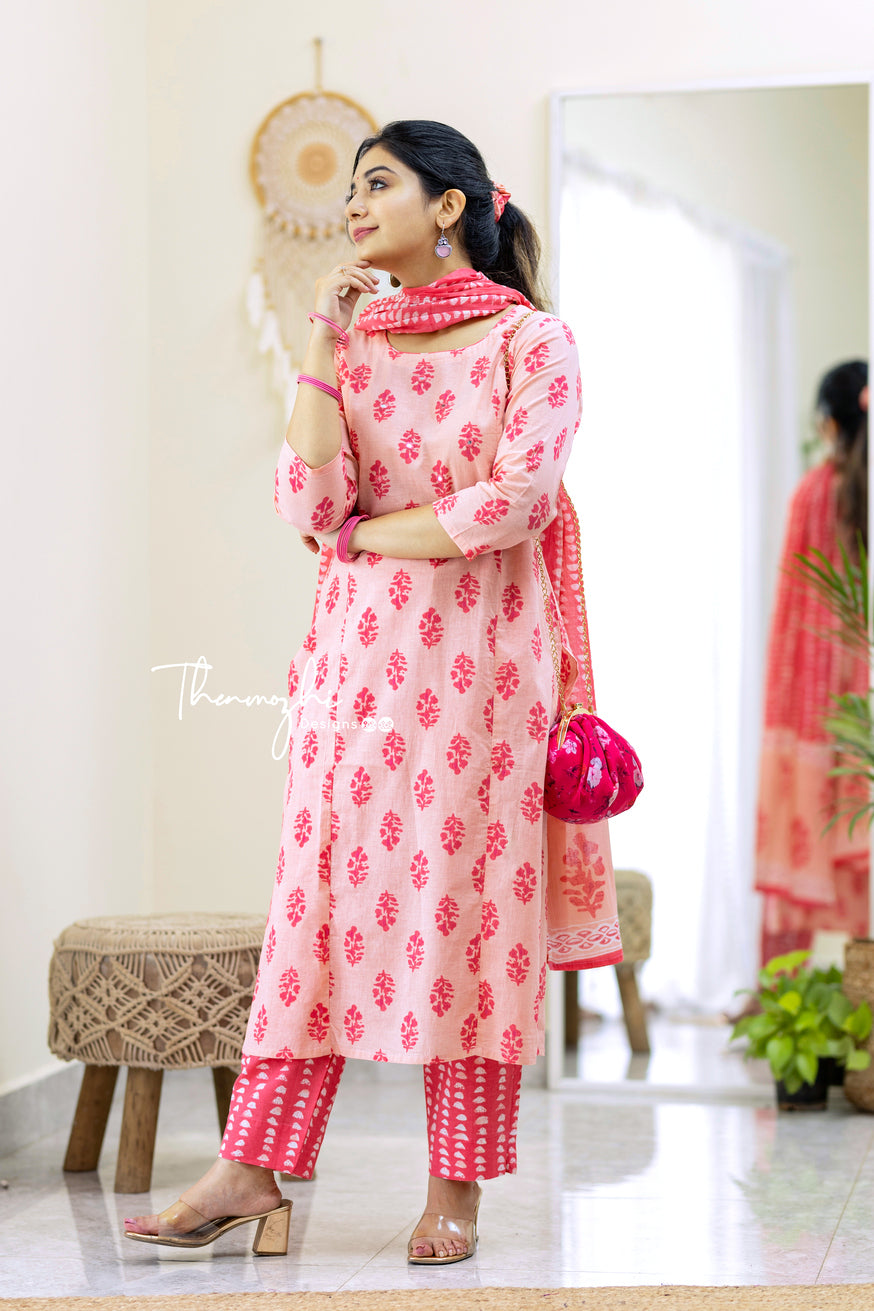 Rosy - Pink Cotton Suit Set With Cotton Kurta