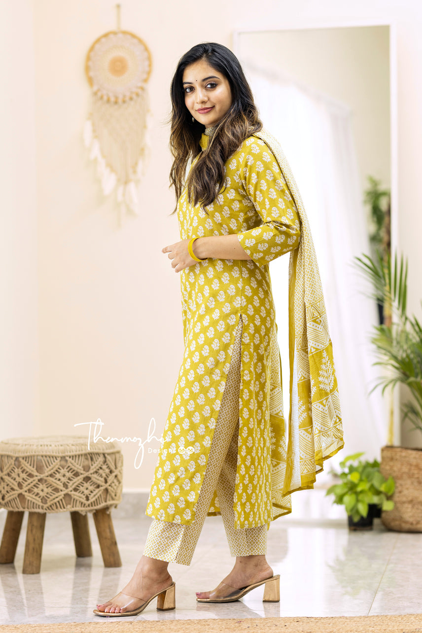 Neelam -Yellow Cotton Suit Set With Cotton Dupatta