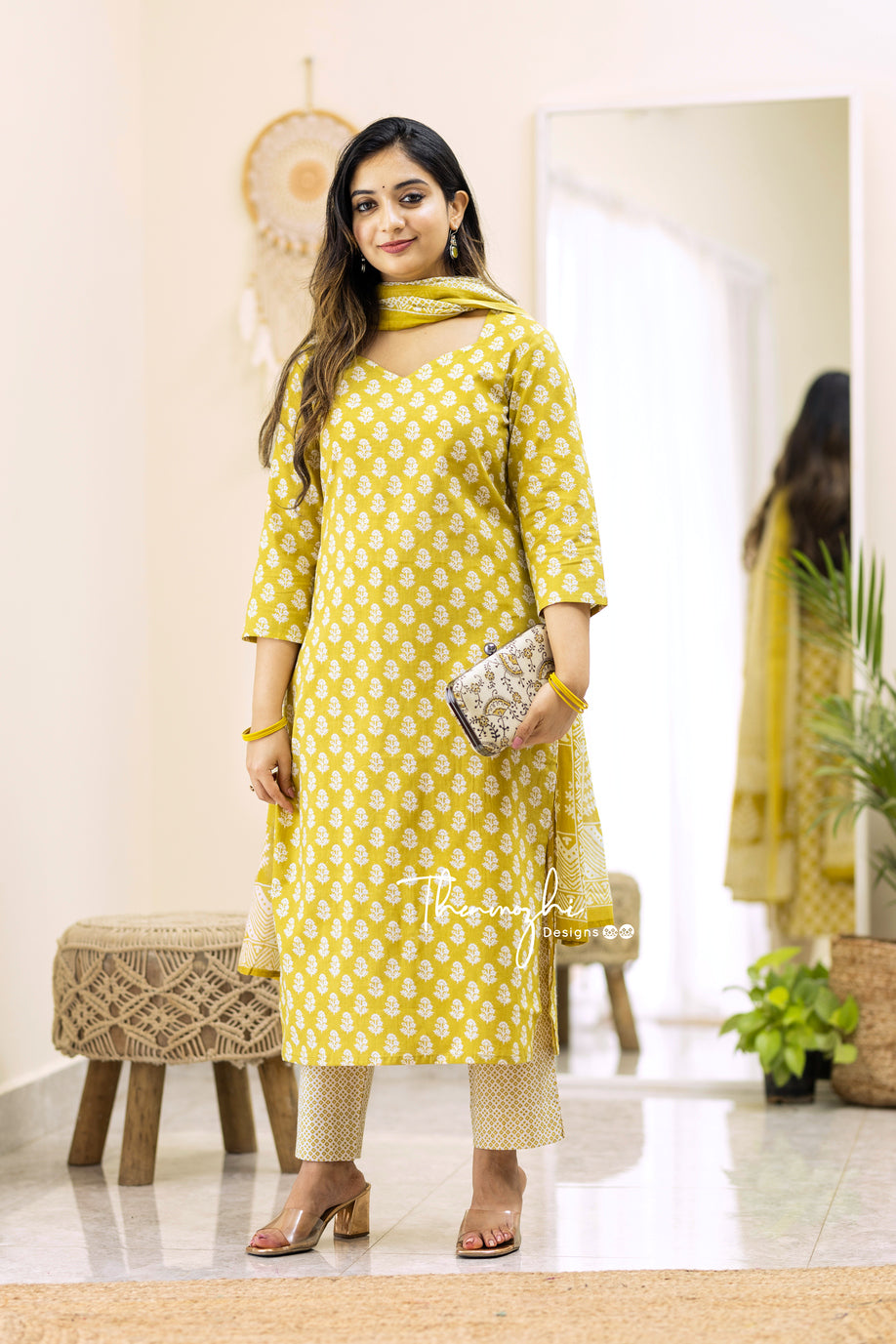Neelam -Yellow Cotton Suit Set With Cotton Dupatta
