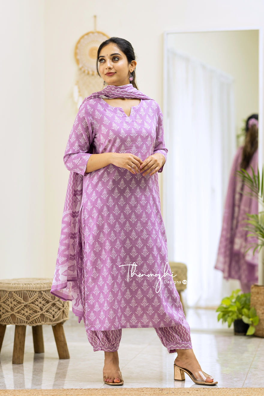 Dharsha - Lilac Cotton Suit Set with Cotton Dupatta