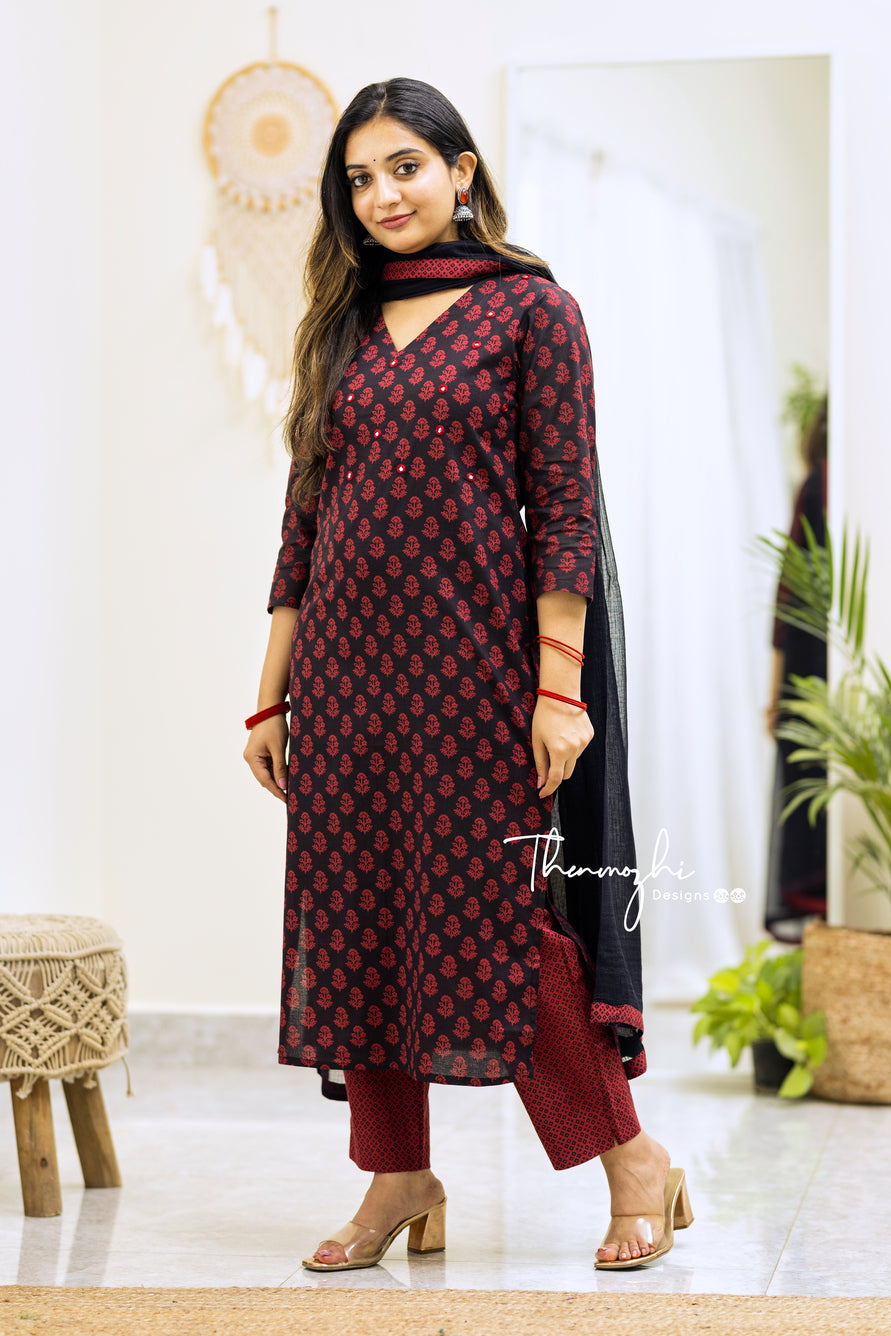 Pooja -Black Cotton Suit Set With Kota Dupatta