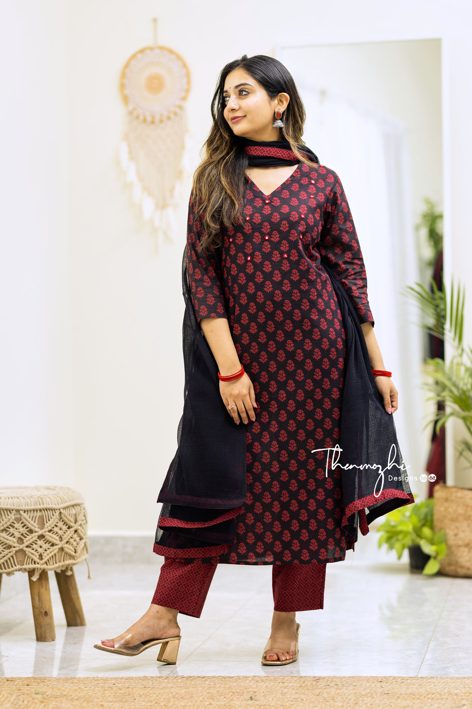 Pooja -Black Cotton Suit Set With Kota Dupatta