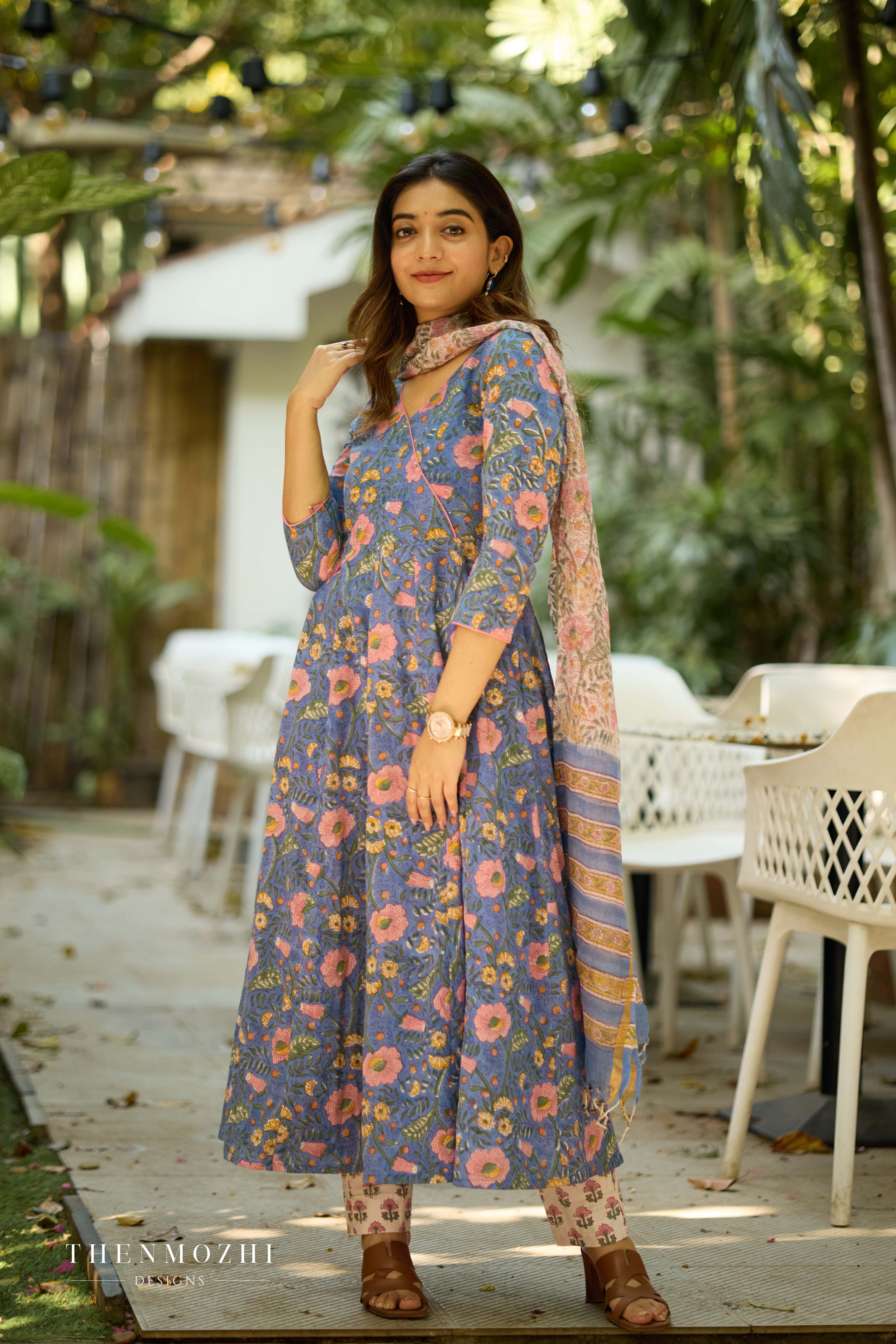 French Blue Cotton Suit with Kota Dupatta