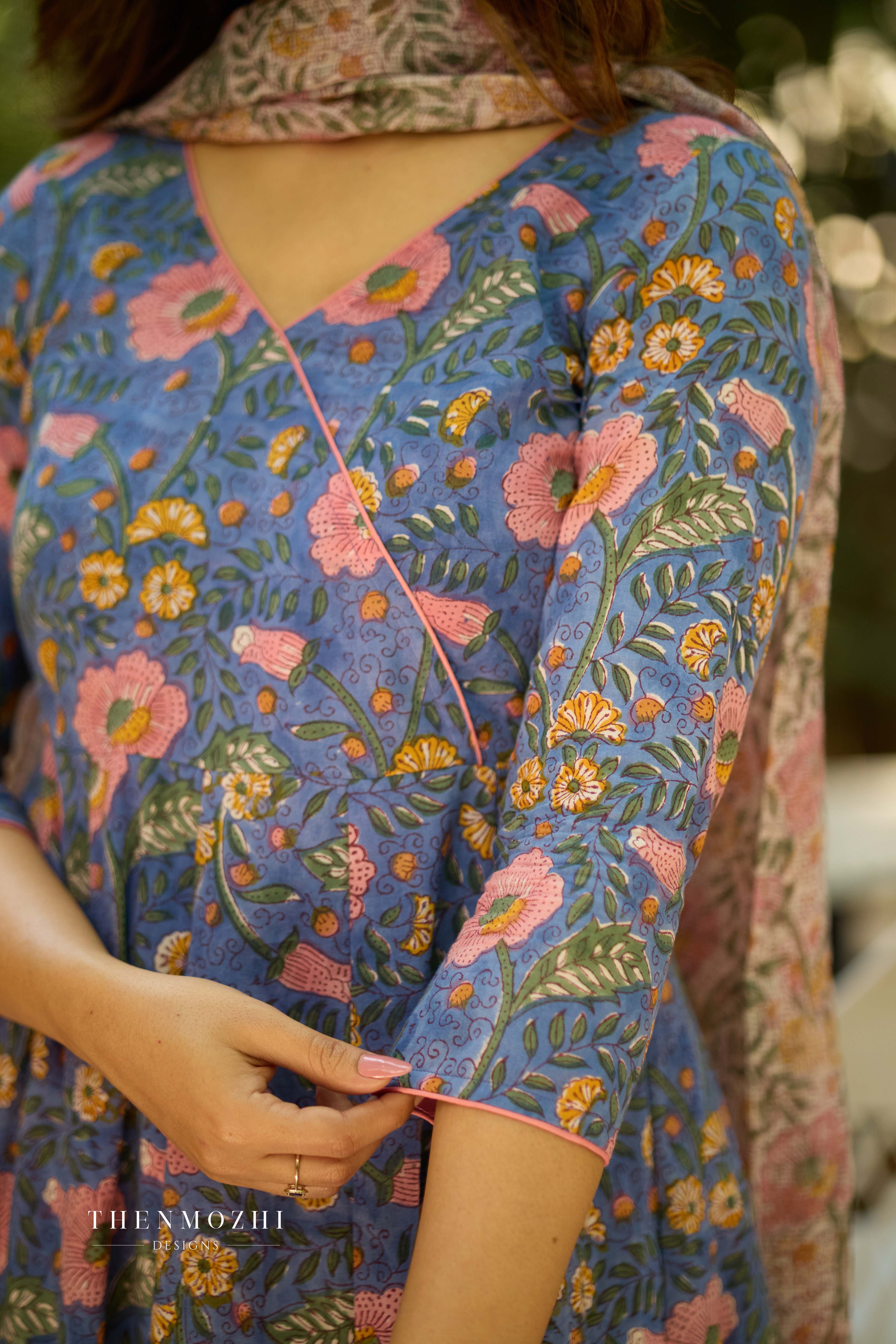 French Blue Cotton Suit with Kota Dupatta