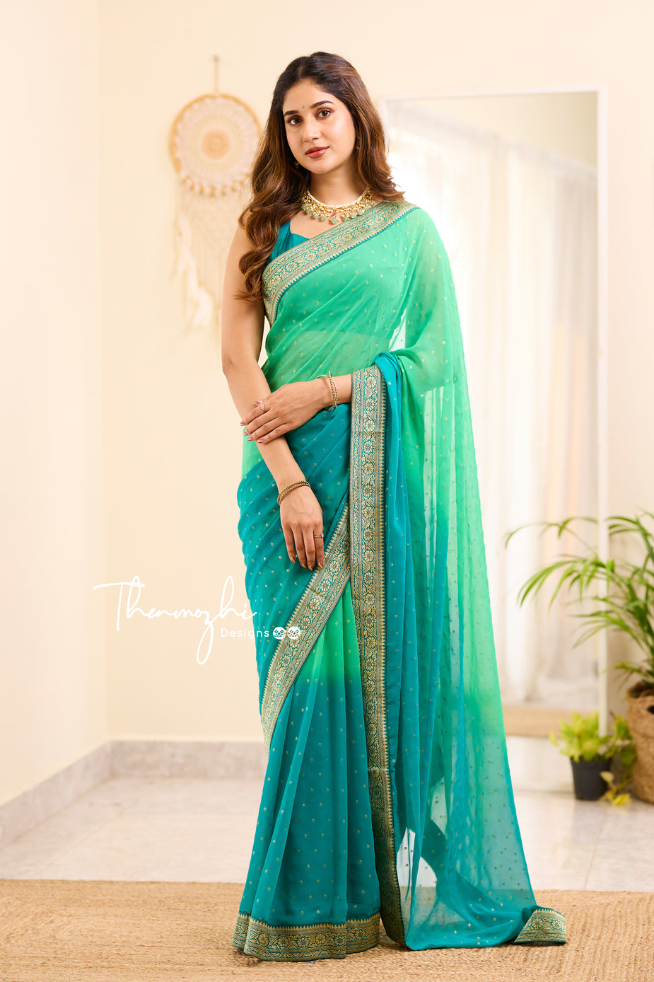 Ombre Aqua & Persian Green Georgette Saree