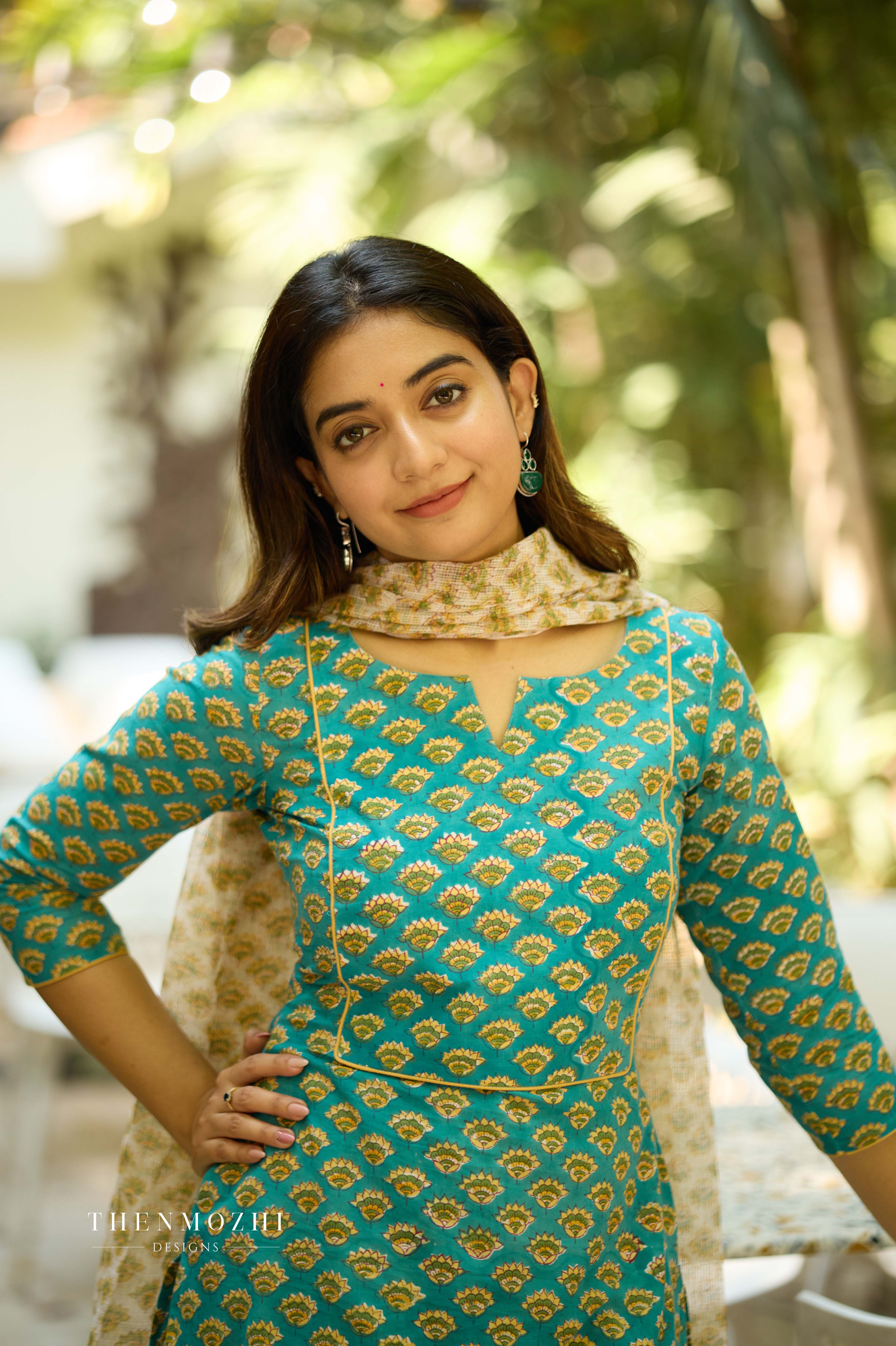 Royal Peacock Green Cotton Suit with Kota Dupatta