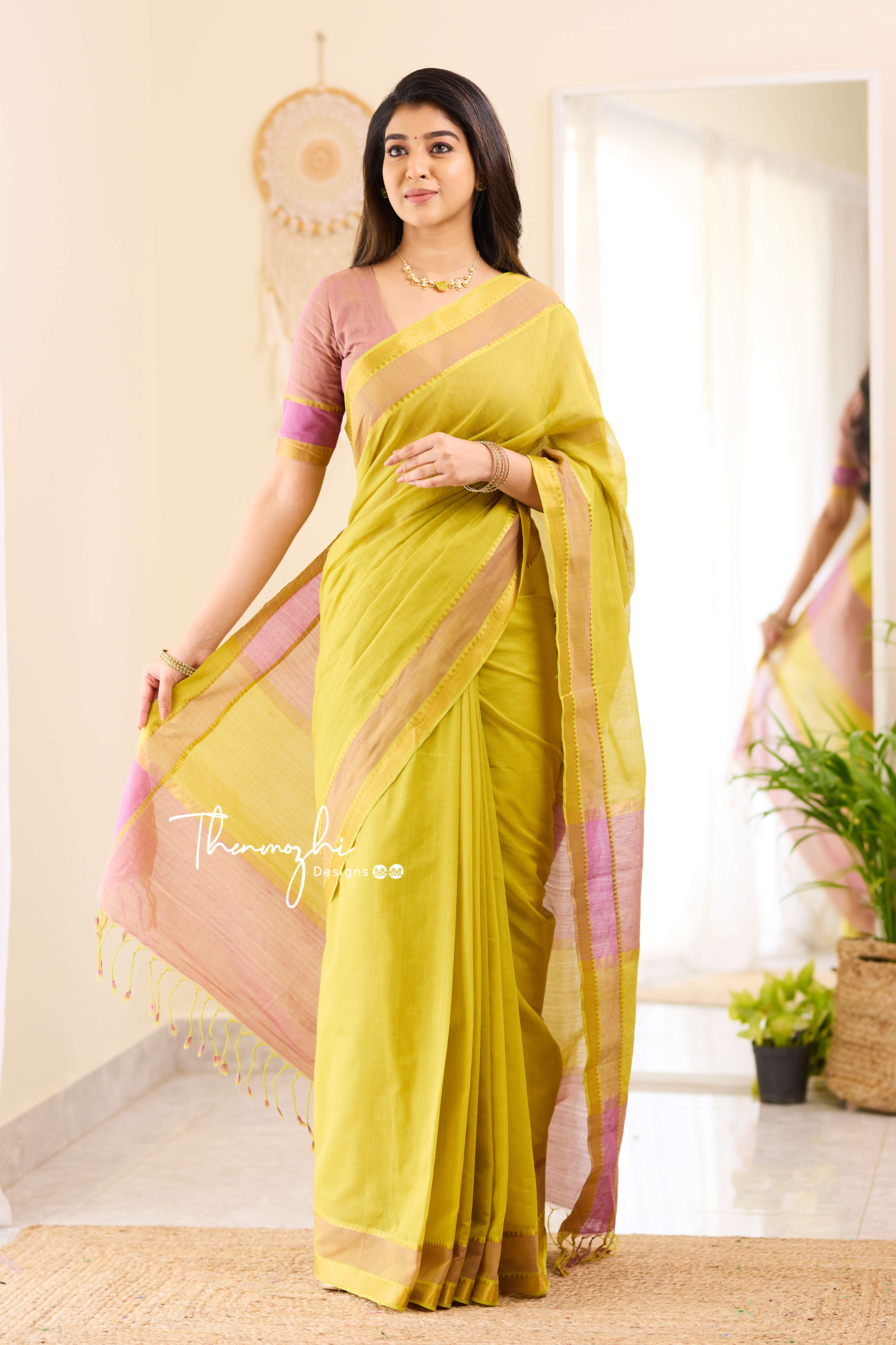 Fusion Olive Green Mangalagiri Cotton Saree