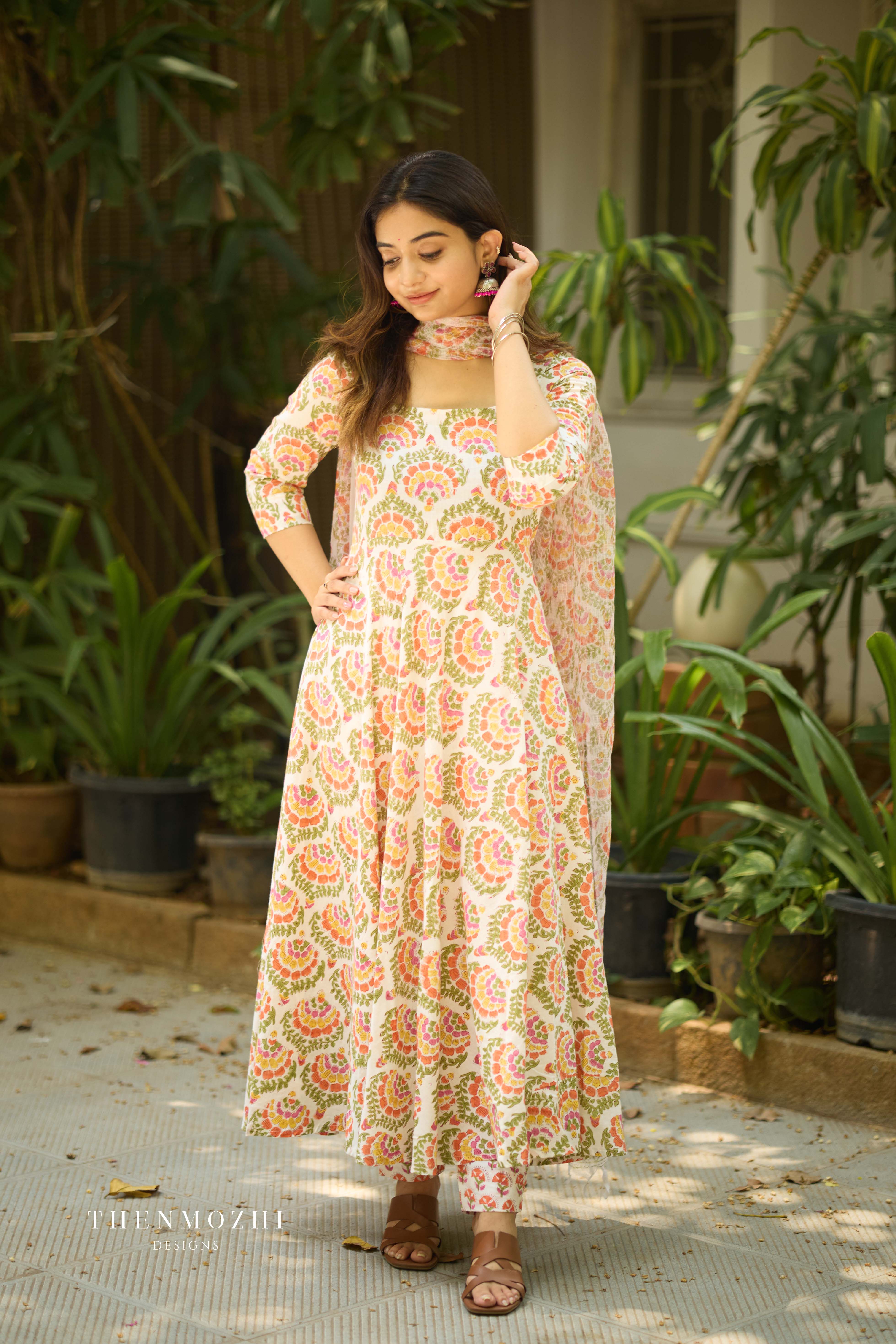 Half White Floral Cotton Suit with Kota Dupatta