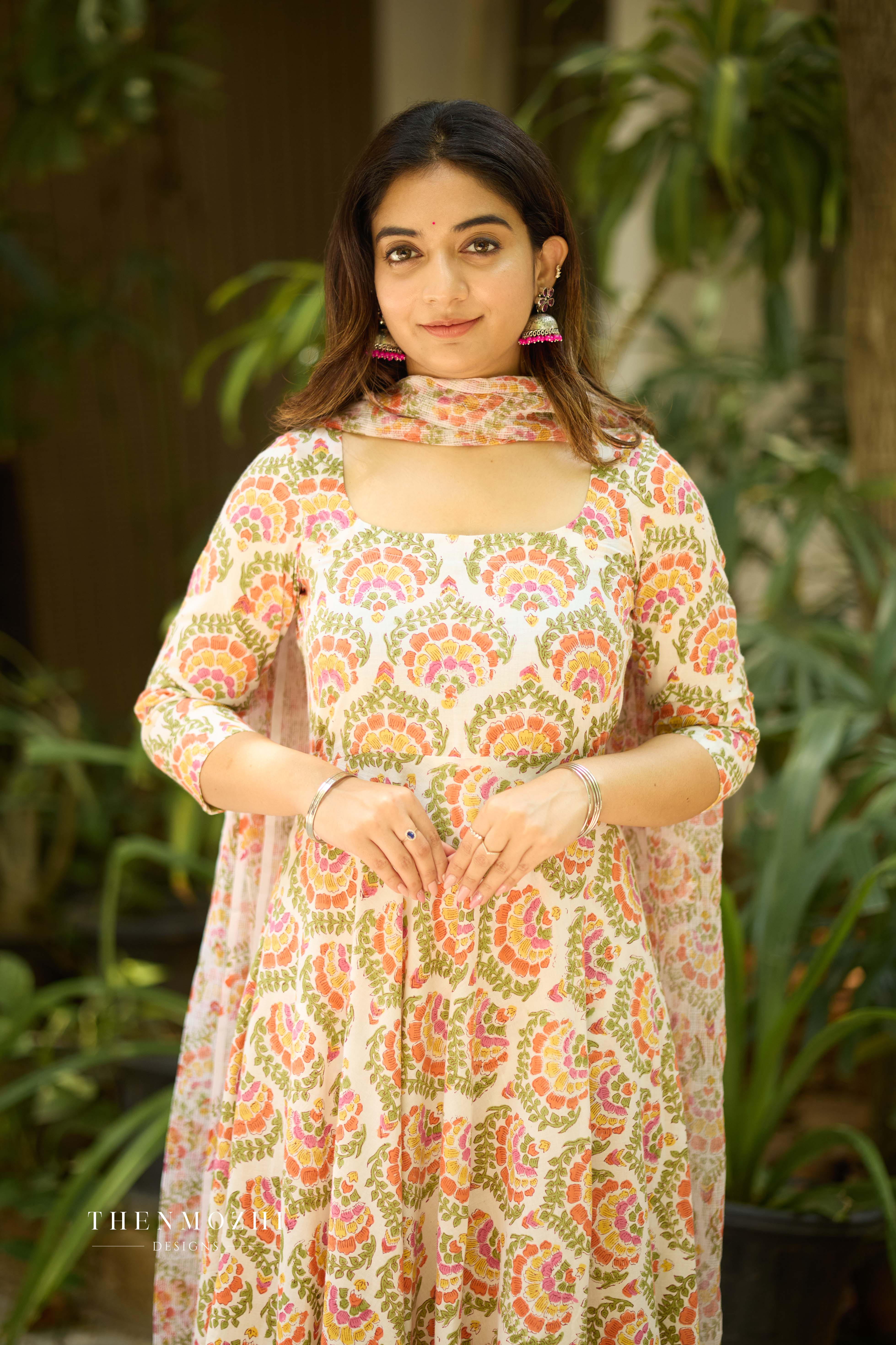 Half White Floral Cotton Suit with Kota Dupatta