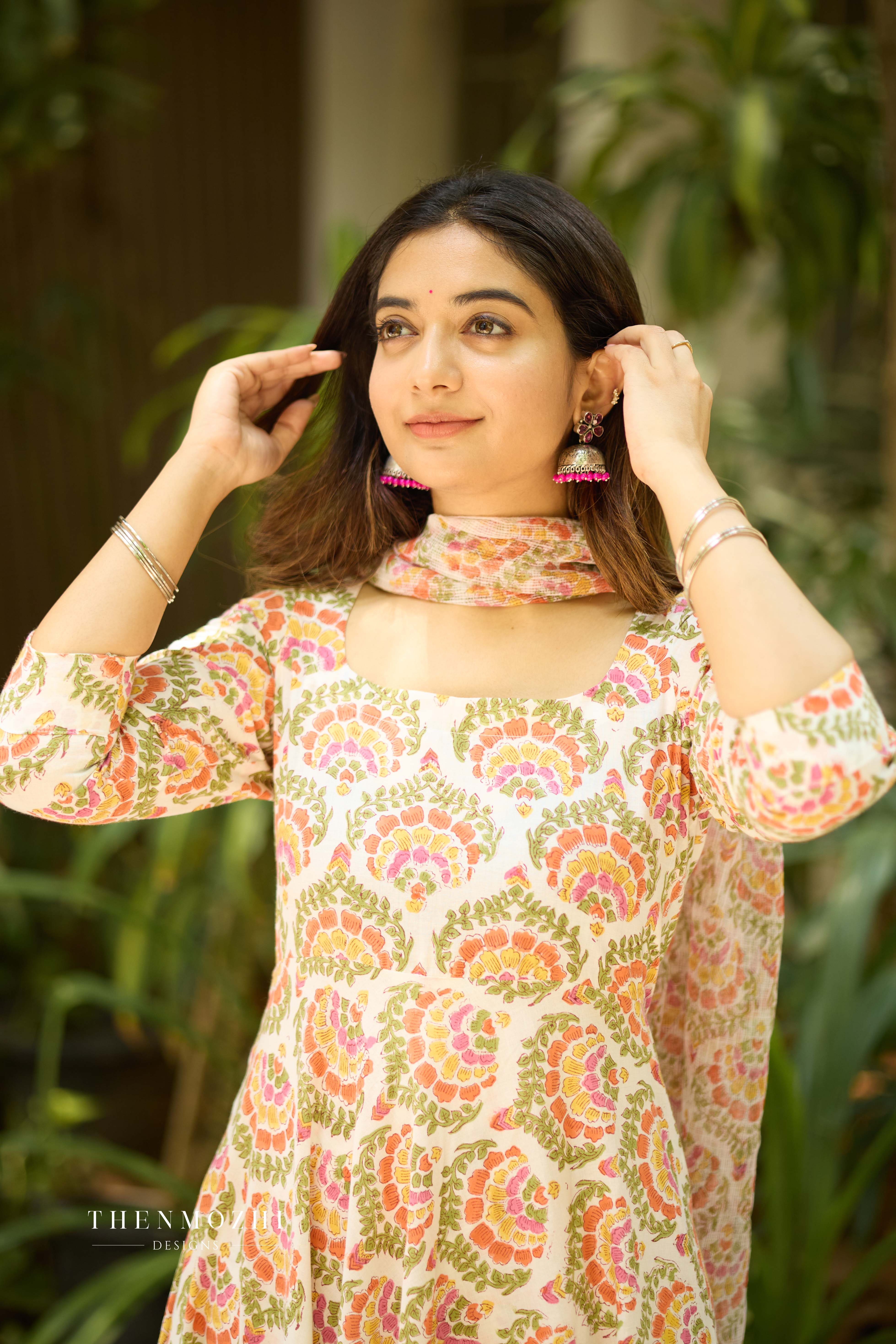 Half White Floral Cotton Suit with Kota Dupatta