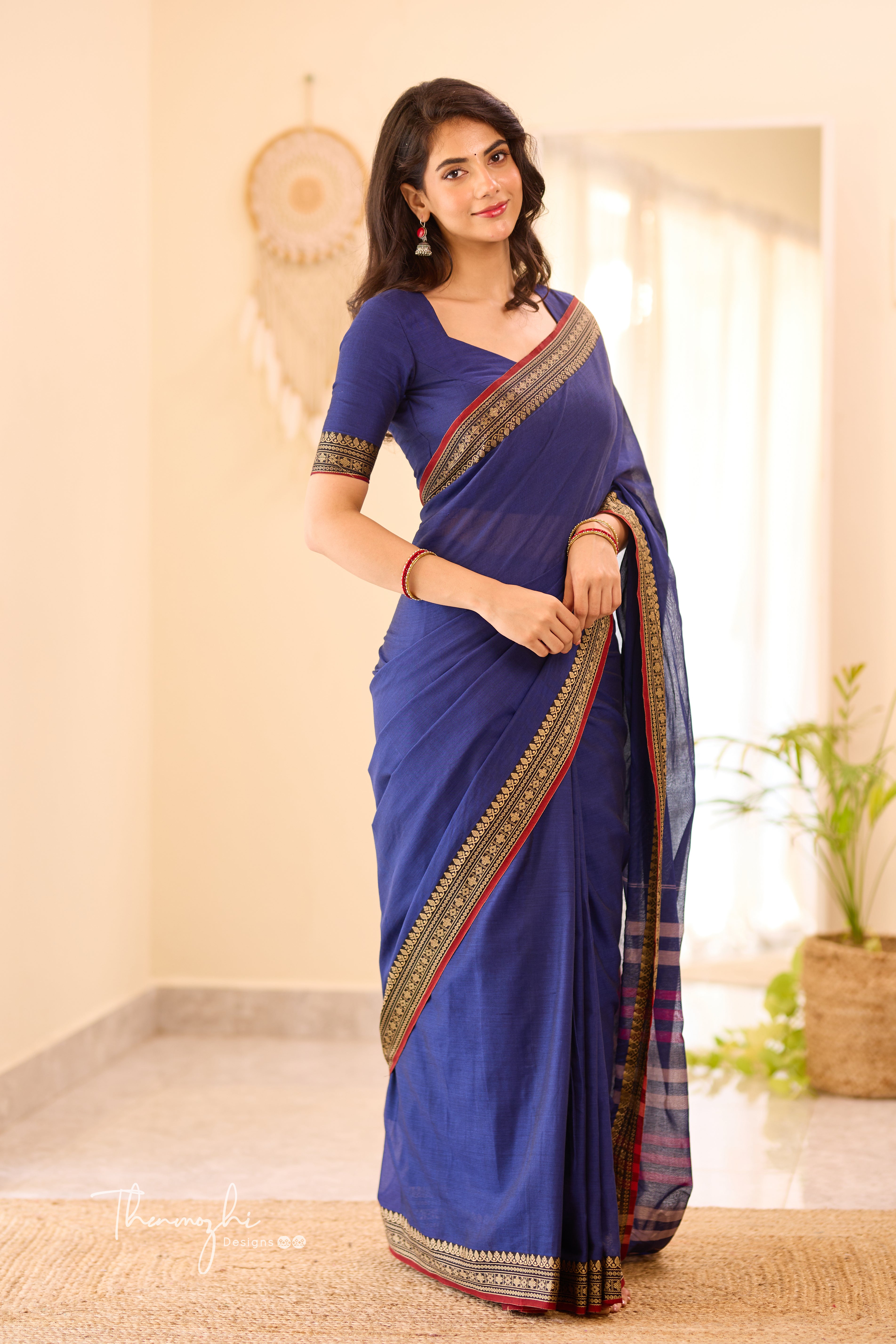 Navy Blue & Red Narayanpet Saree