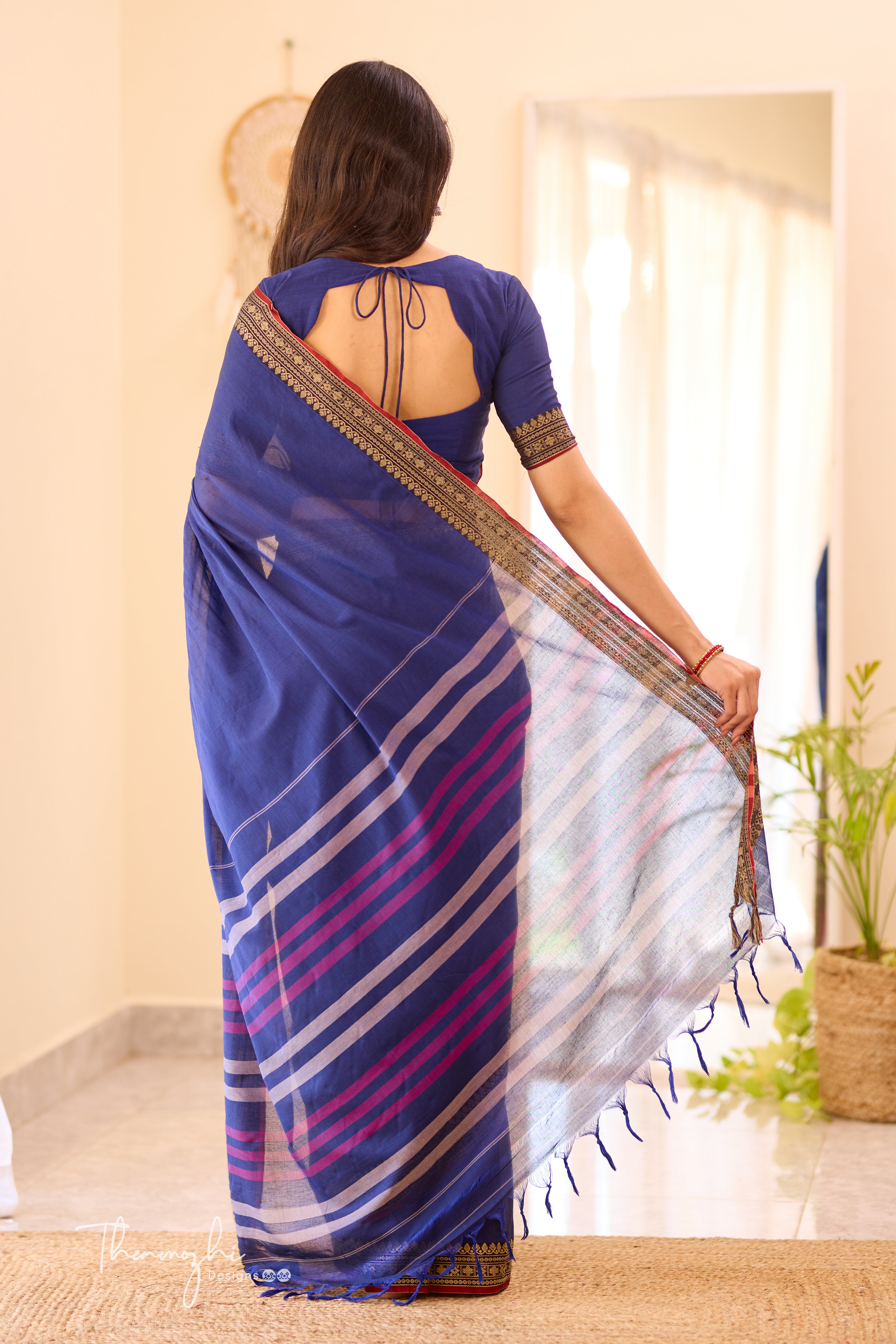 Navy Blue & Red Narayanpet Saree