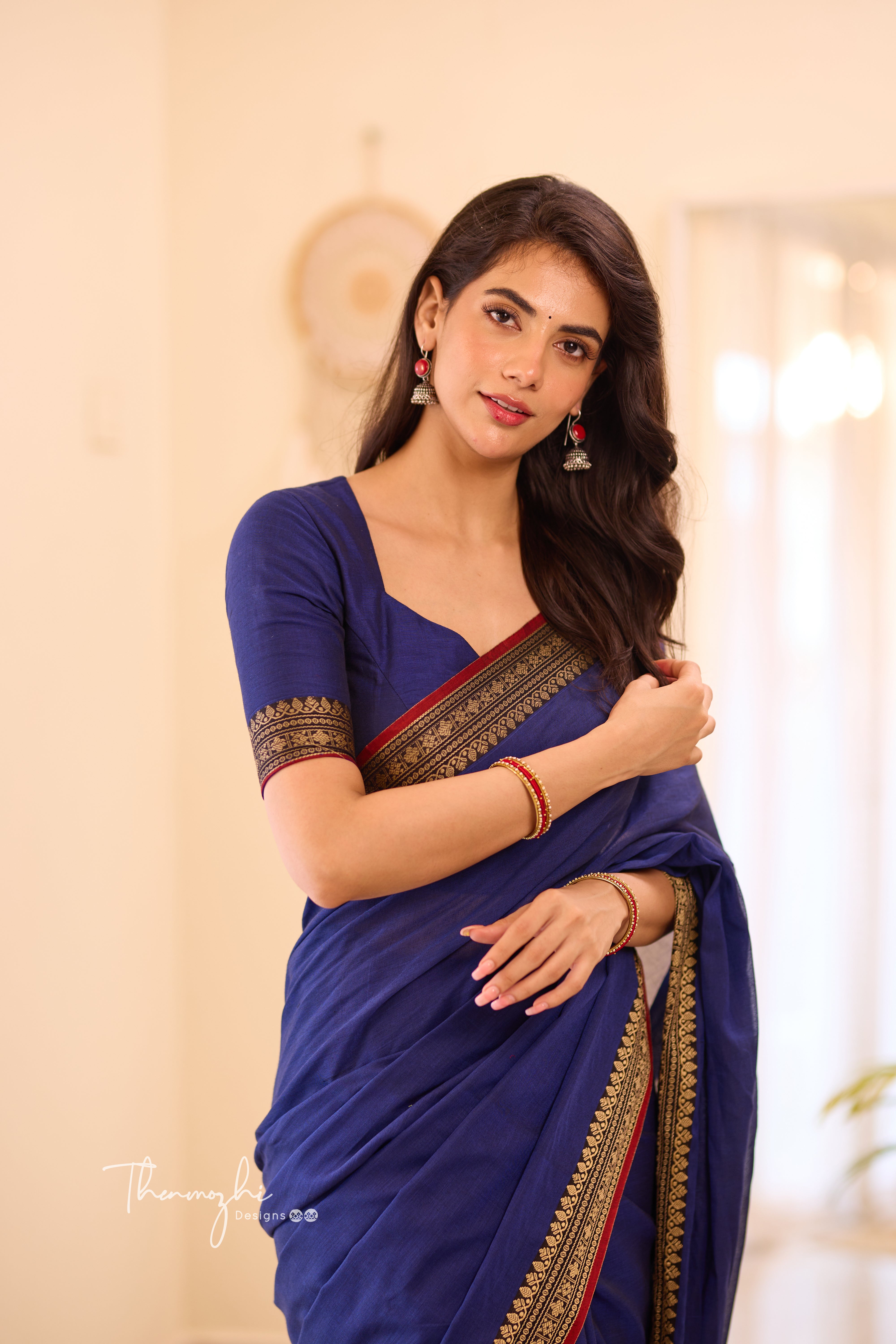 Navy Blue & Red Narayanpet Saree