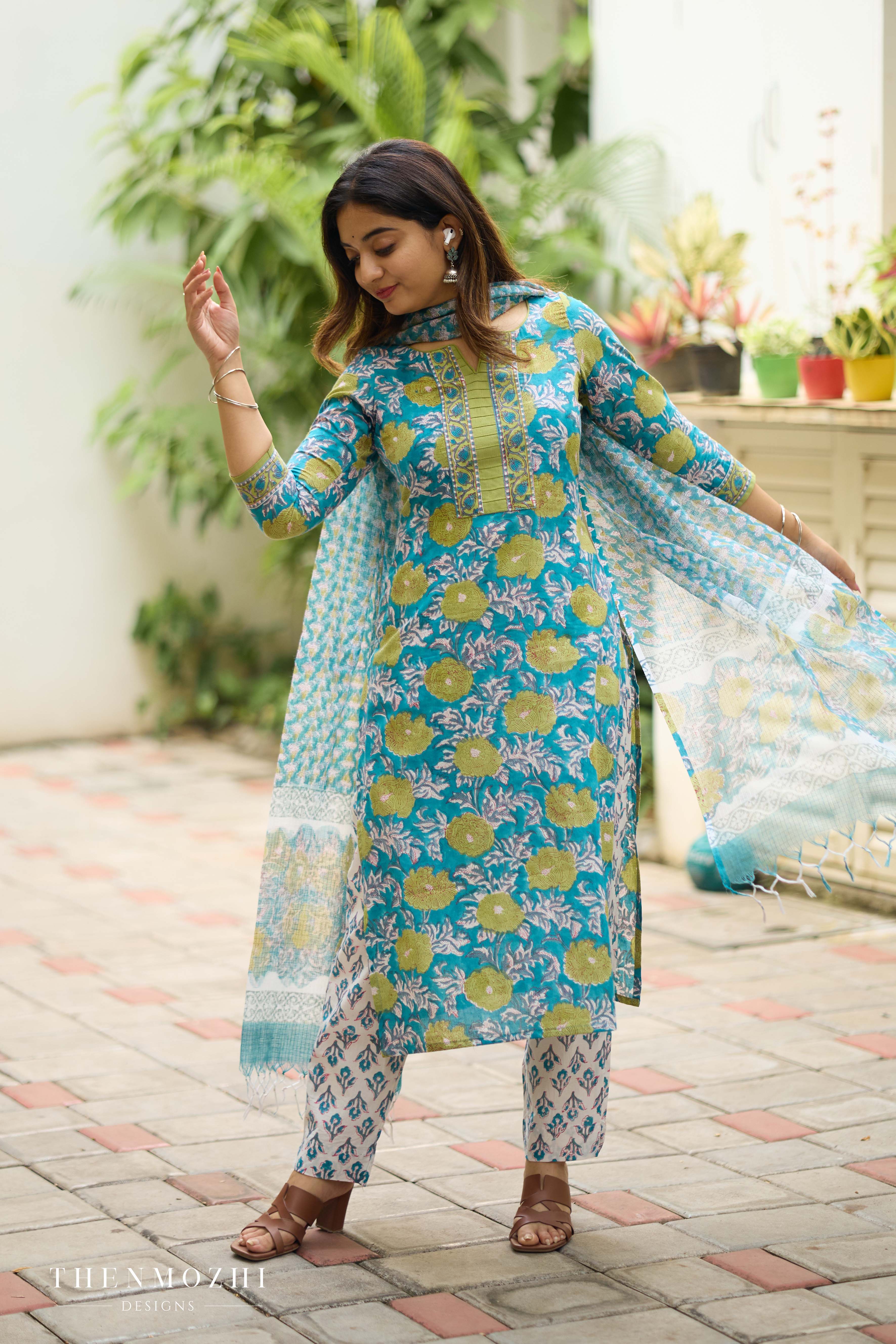 Blue and Green Floral Cotton Suit with Kota Dupatta