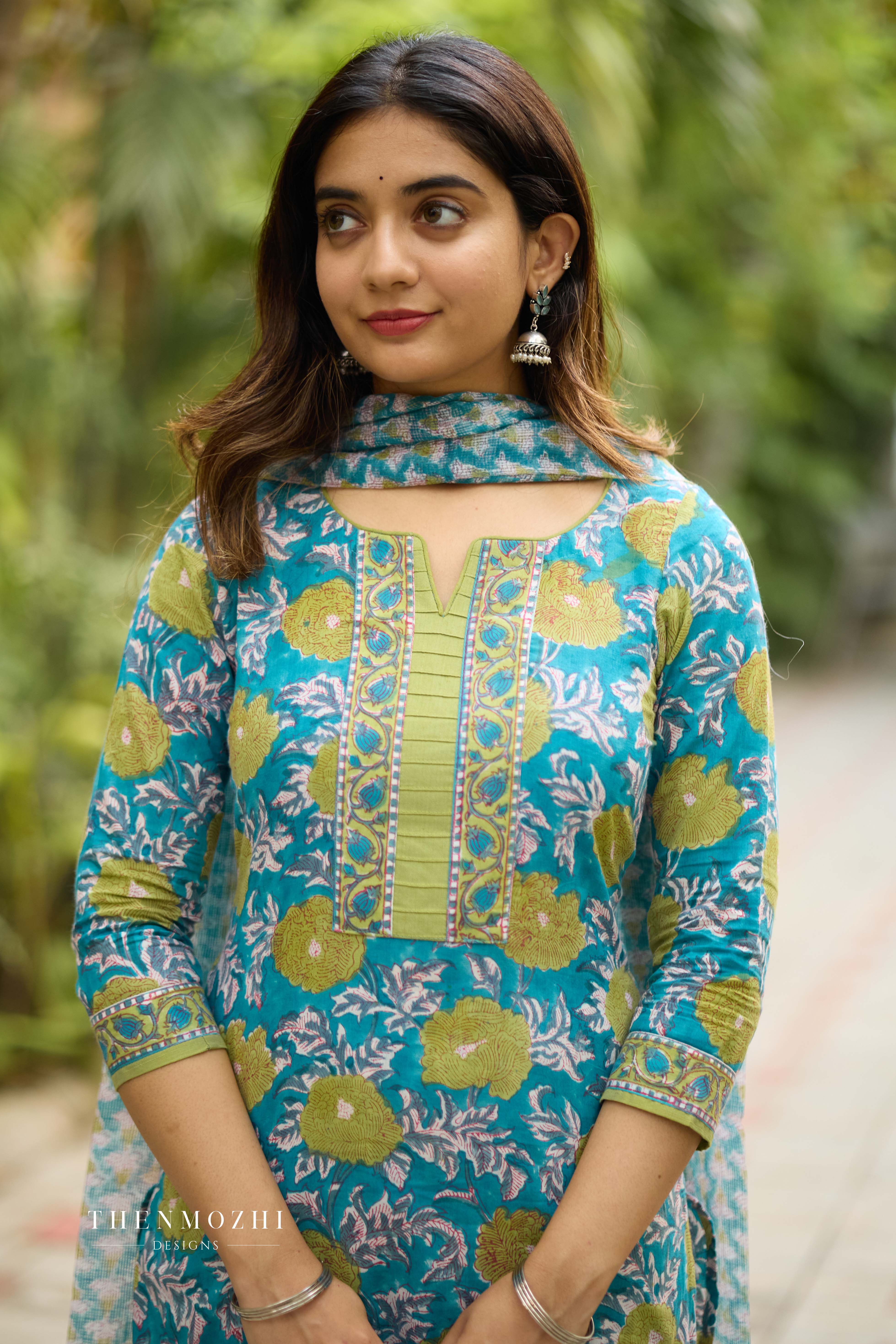 Blue and Green Floral Cotton Suit with Kota Dupatta