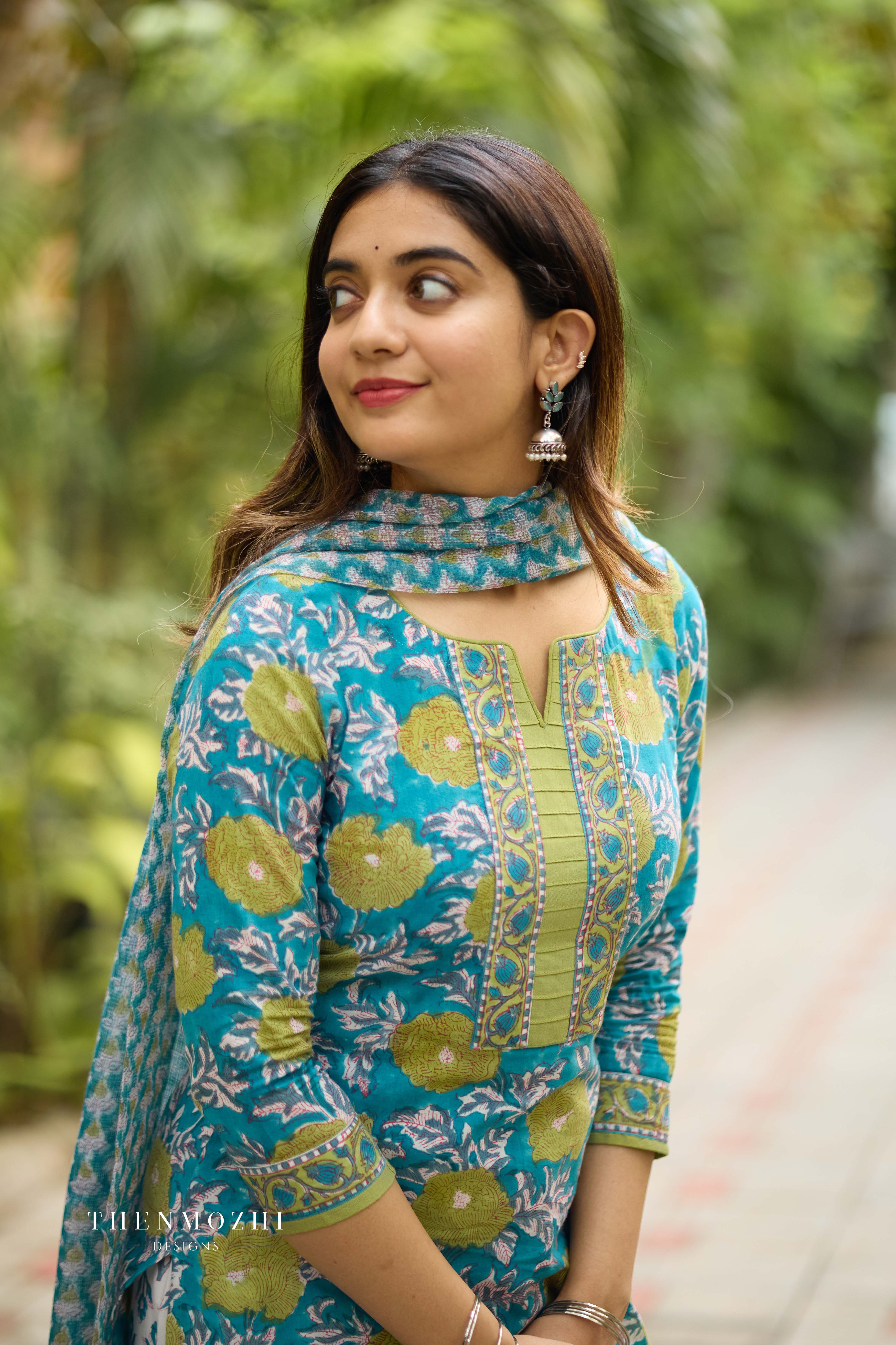 Blue and Green Floral Cotton Suit with Kota Dupatta