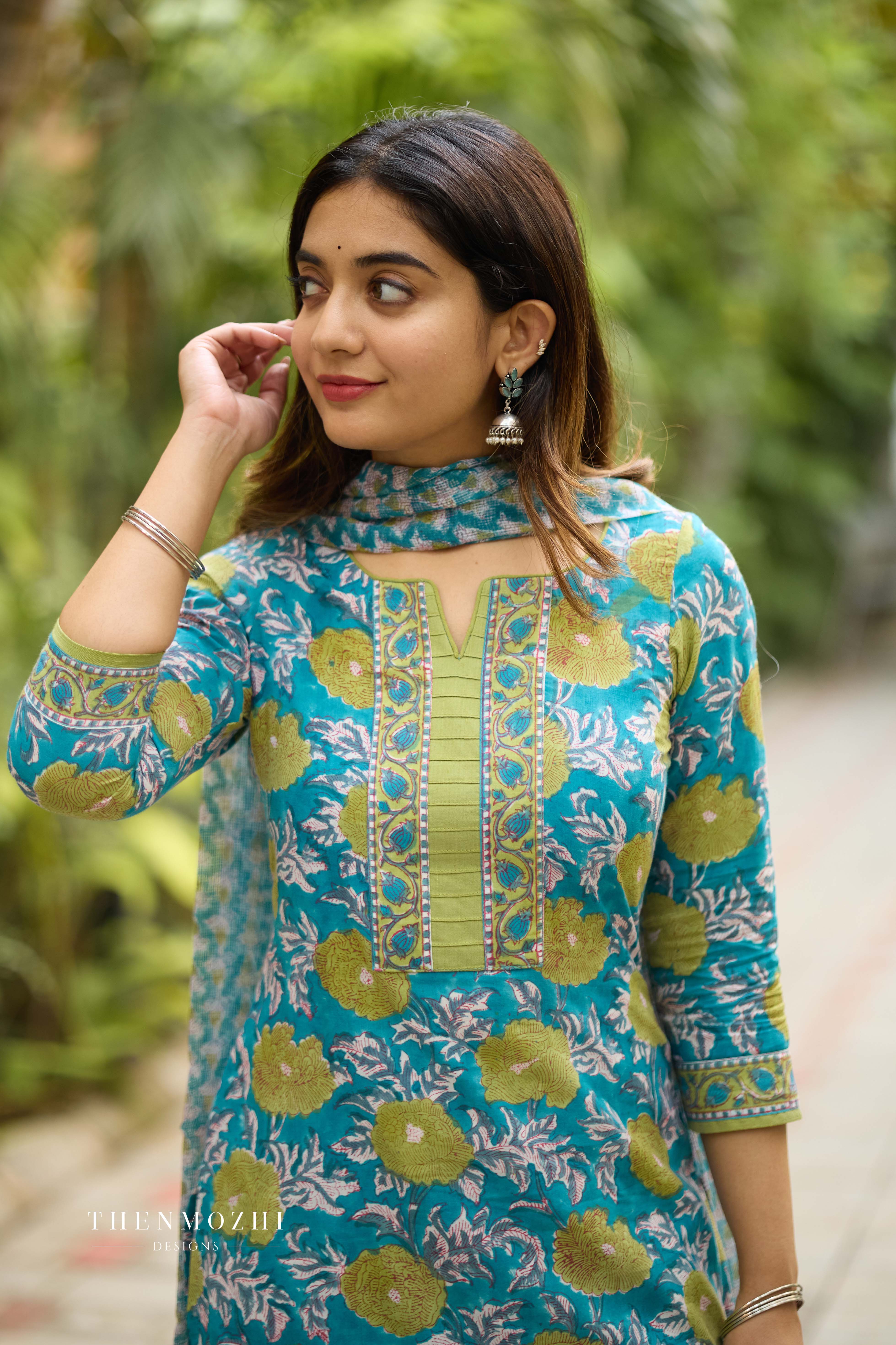 Blue and Green Floral Cotton Suit with Kota Dupatta