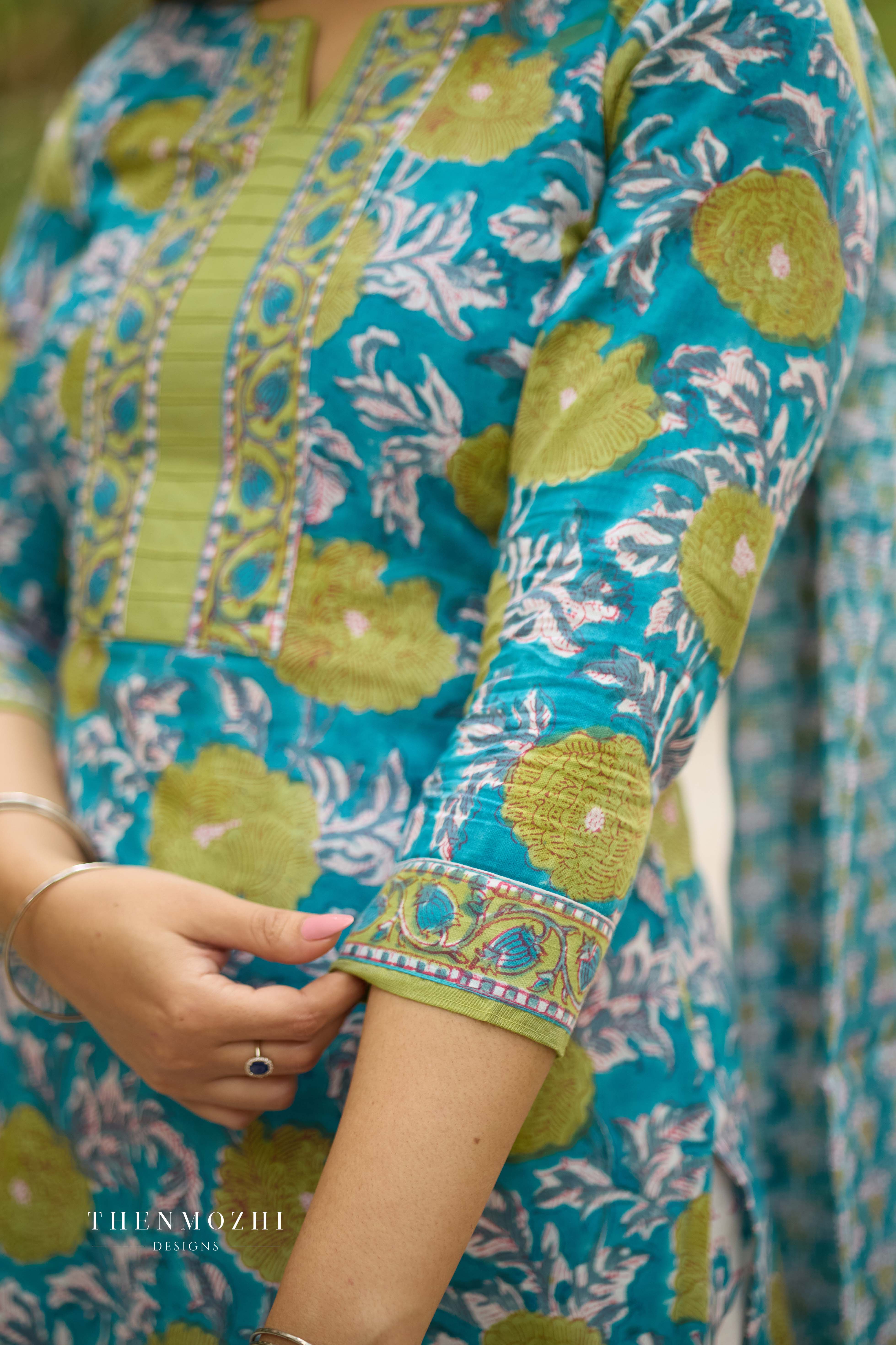 Blue and Green Floral Cotton Suit with Kota Dupatta