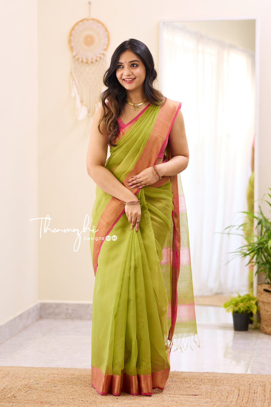 Hridaya Light Green - Green Maheshwari Tissue Silk Handloom Cotton Saree