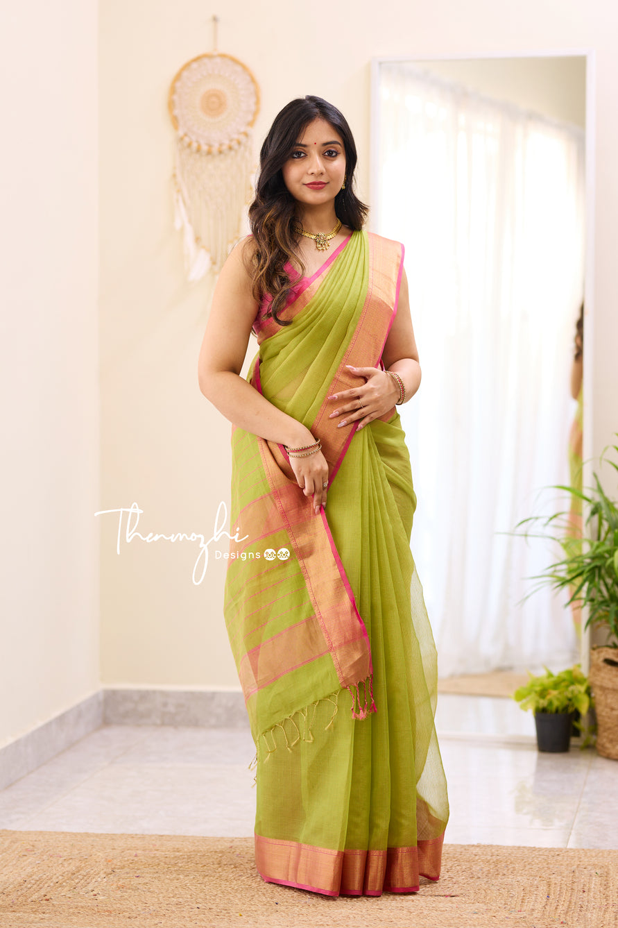 Hridaya Light Green - Green Maheshwari Tissue Silk Handloom Cotton Saree
