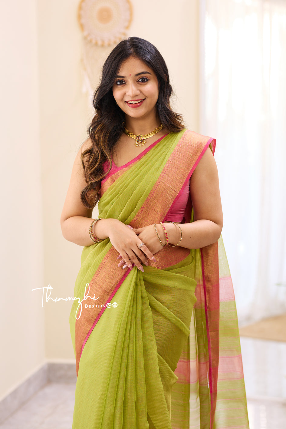 Hridaya Light Green Maheshwari Tissue Silk Handloom Cotton Saree
