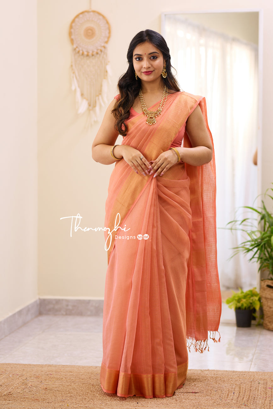 Hridaya Peach - Peach Maheshwari Tissue Silk Handloom Cotton Saree
