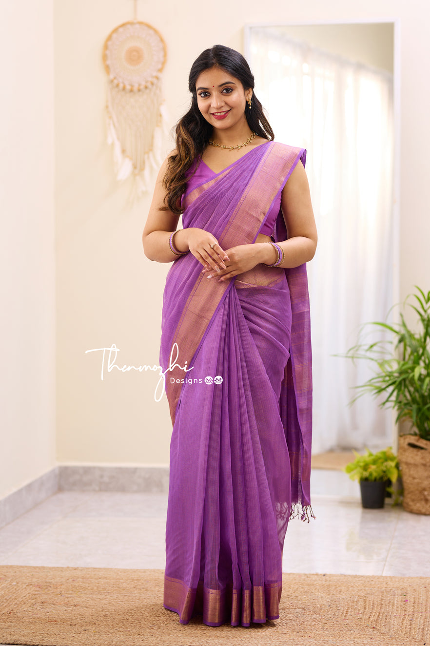 Hridaya Purple Maheshwari Tissue Silk Saree Handloom Cotton