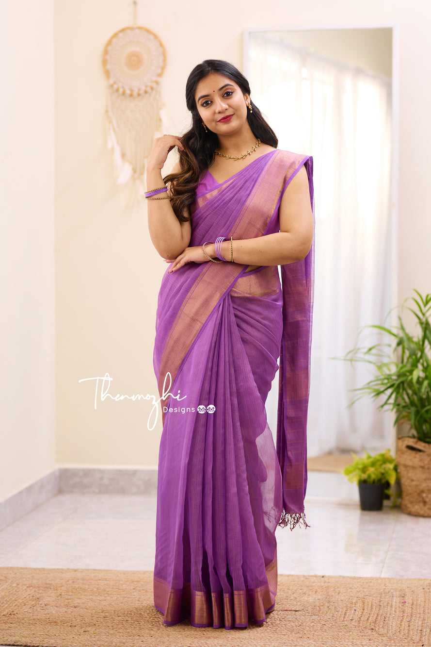 Hridaya Purple- Purple Maheshwari Tissue Silk Handloom Cotton Saree