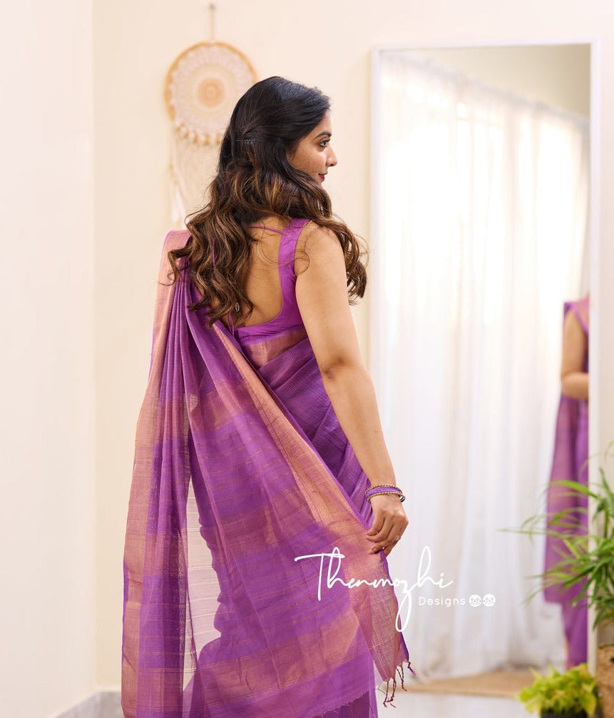 Hridaya Purple Maheshwari Tissue Silk Handloom Cotton Saree