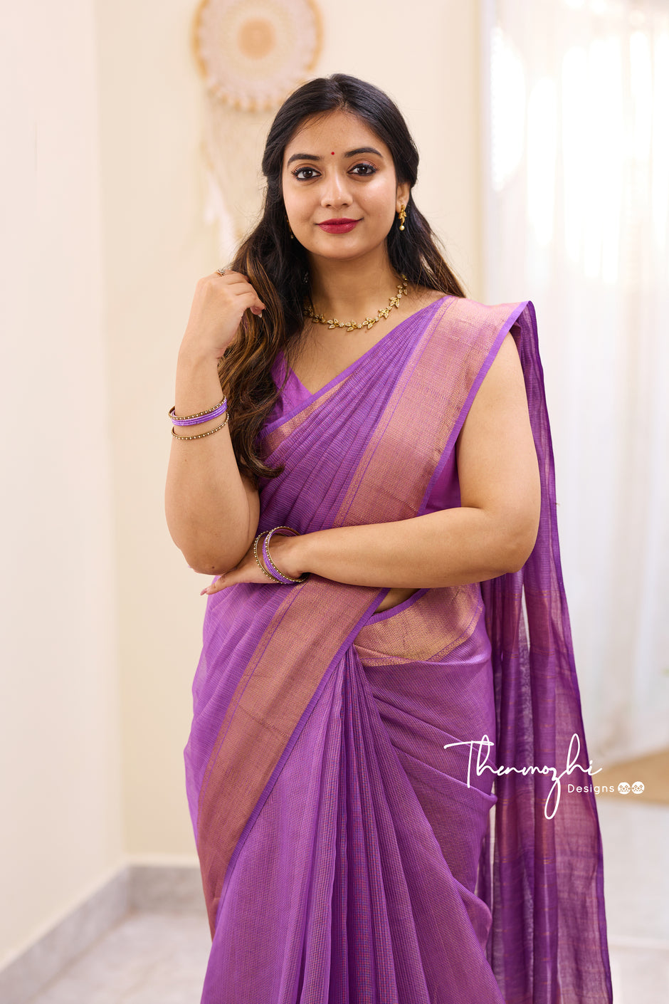 Hridaya Purple Maheshwari Tissue Silk Handloom Cotton Saree