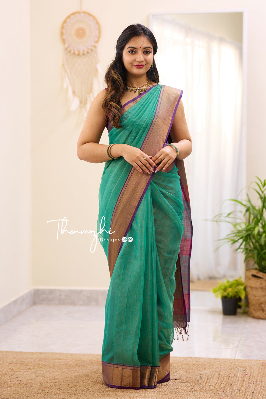 Hridaya (Dark Green) - Green Maheshwari Tissue Silk Handloom Cotton Saree