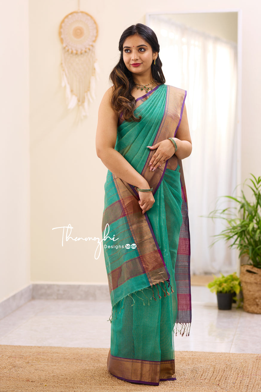 Hridaya (Dark Green) - Green Maheshwari Tissue Silk Handloom Cotton Saree