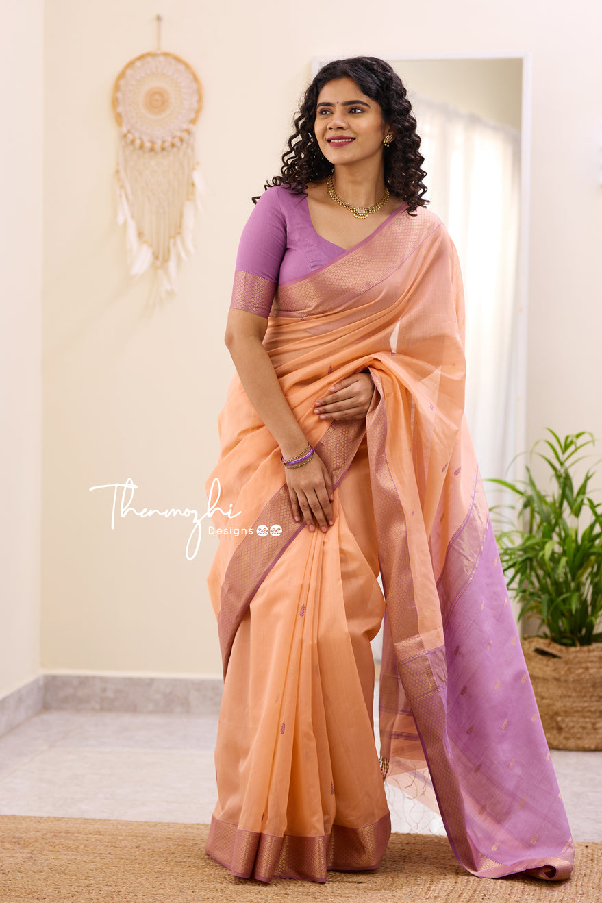 Orange Cream - Orange Cream Maheshwari Silk Handloom Cotton Saree