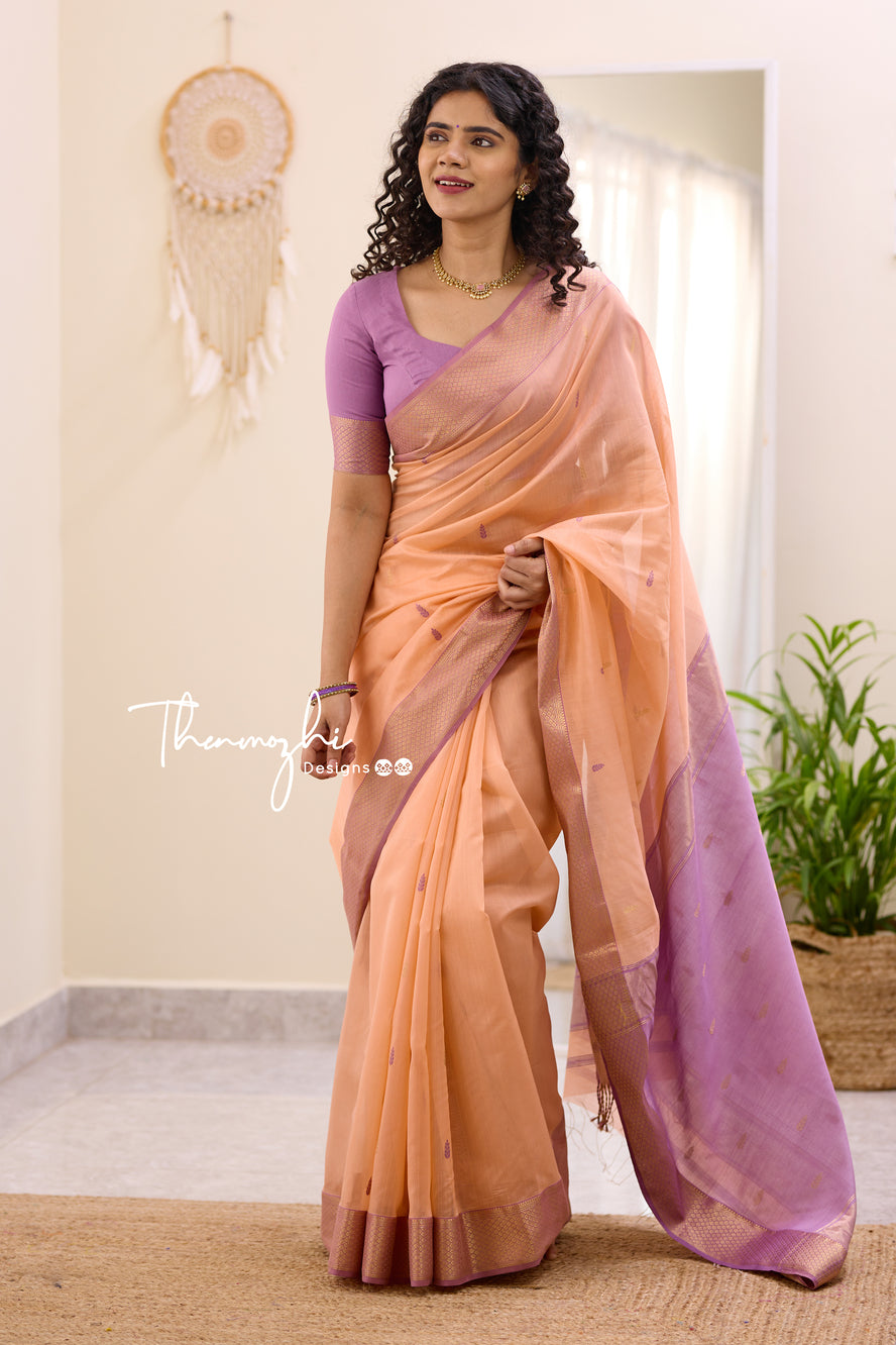 Orange Cream Maheshwari Silk Handloom Cotton Saree