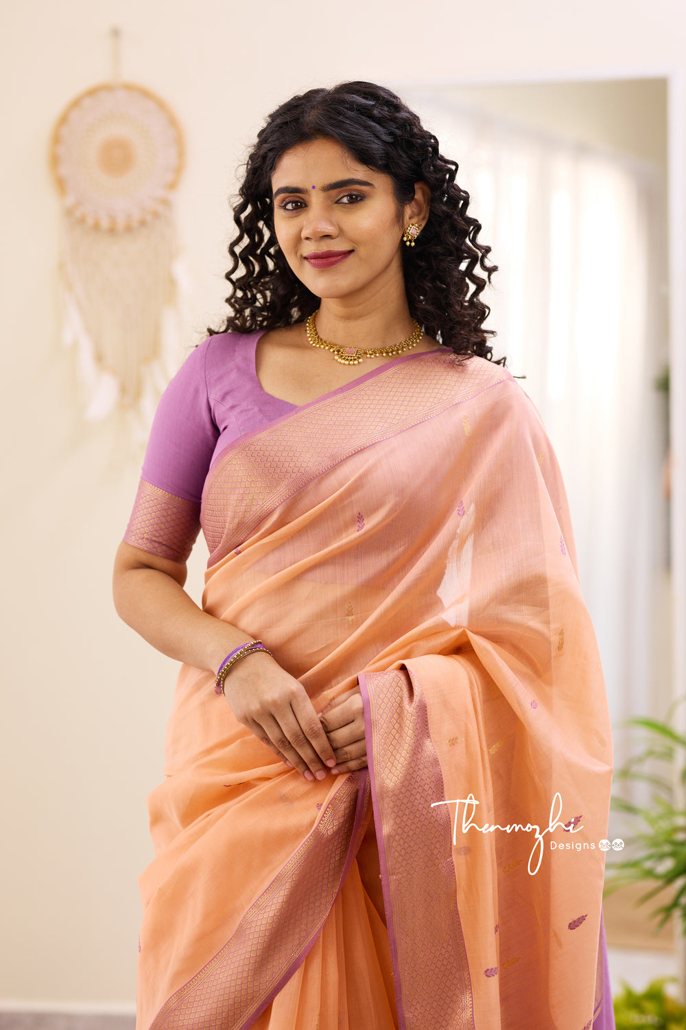 Orange Cream Maheshwari Silk Handloom Cotton Saree