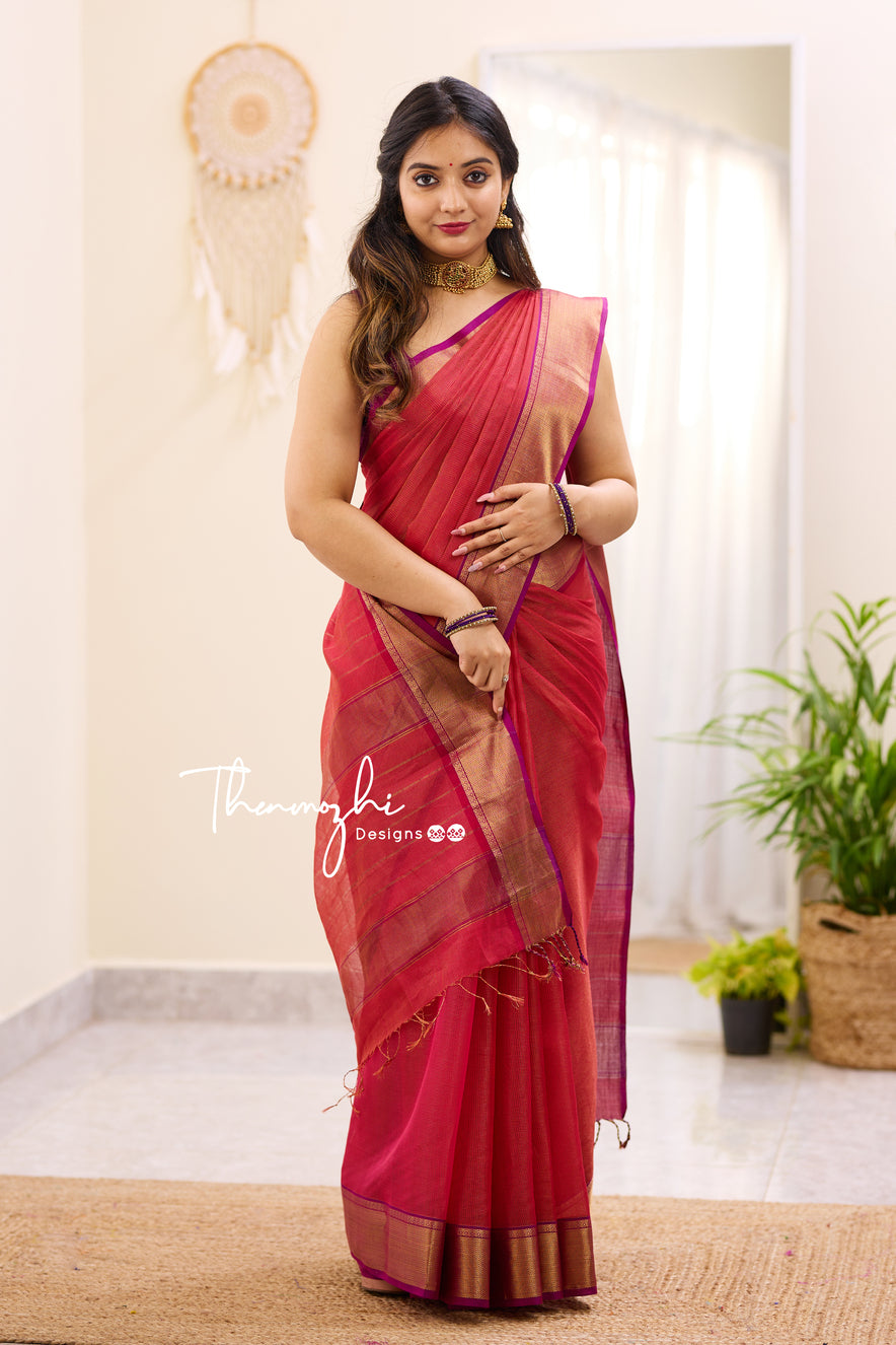 Hridaya Red Maheshwari Tissue Silk Handloom Cotton Saree