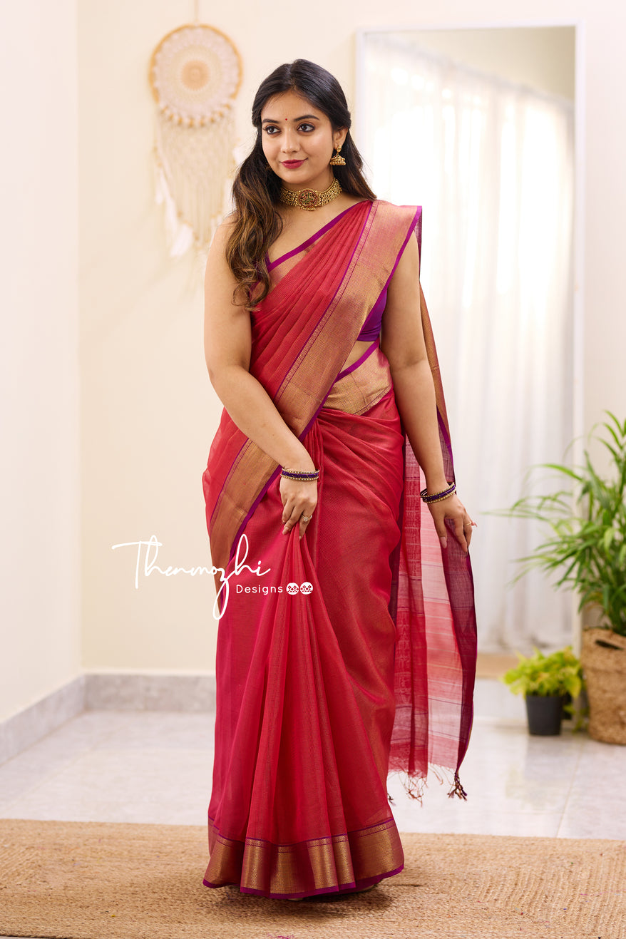 Hridaya Red Maheshwari Tissue Silk Handloom Cotton Saree