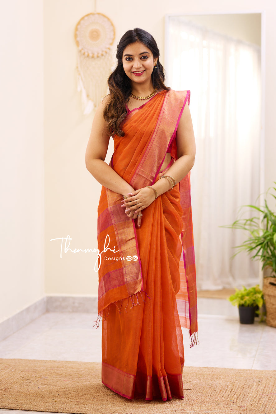 Hridaya Orange - Orange Maheshwari Tissue Silk Handloom Cotton Saree