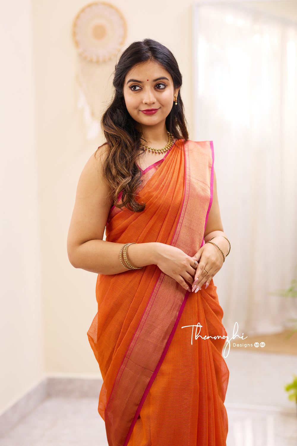 Hridaya Orange Maheshwari Tissue Silk Handloom Cotton Saree