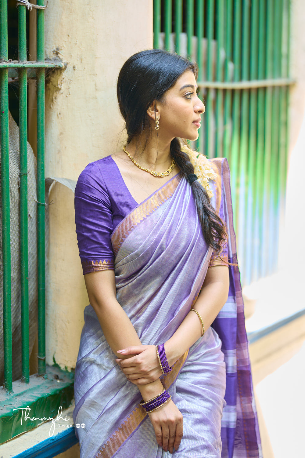 Lilac and Purple Handwoven Mangalagiri Semi Silk Cotton Saree