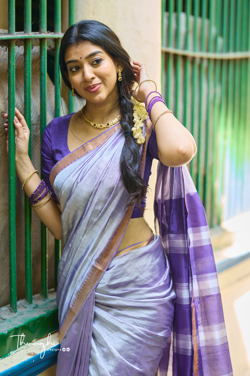 Lilac and Purple Handwoven Mangalagiri Semi Silk Cotton Saree