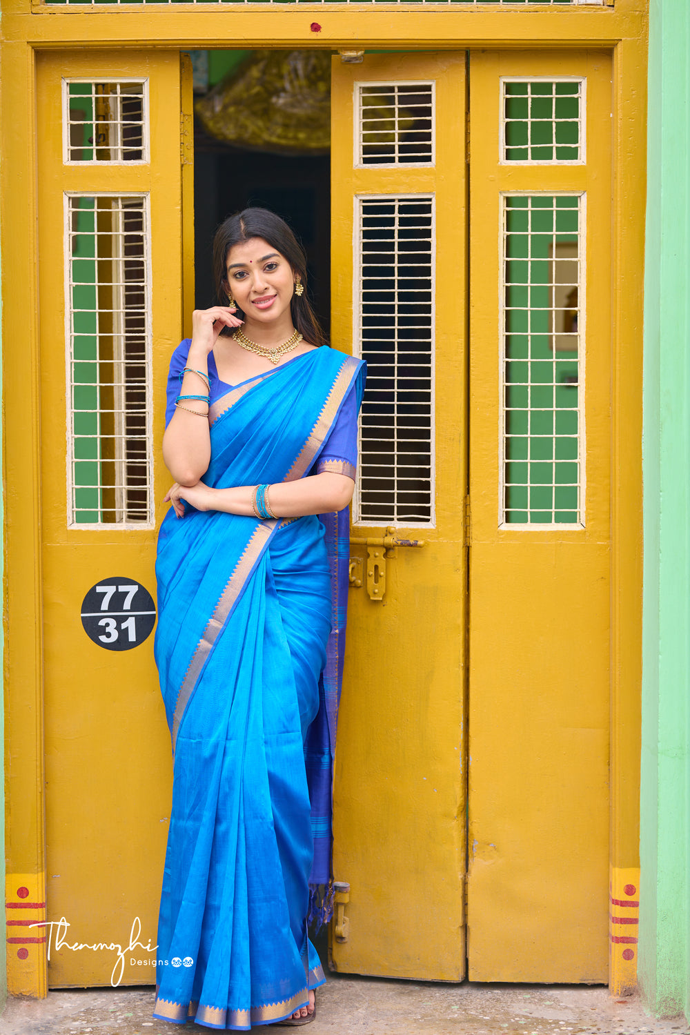 Light Blue and Dark Blue Handwoven Mangalagiri Semi Silk Cotton Saree