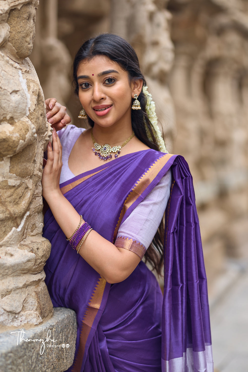 Purple and Lilac Handwoven Mangalagiri Semi Silk Cotton Saree