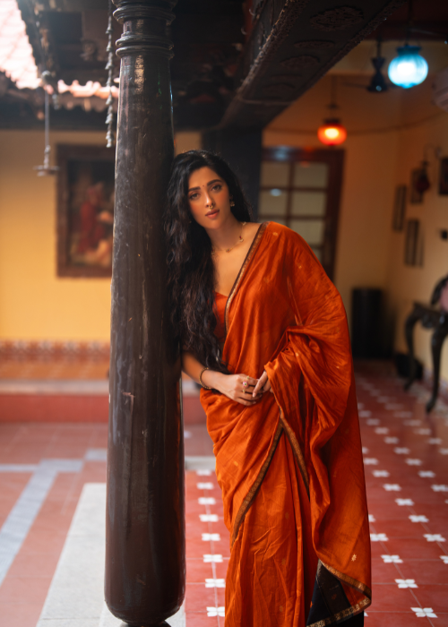 Ethnic Orange Maheshwari Silk Cotton Handloom Saree