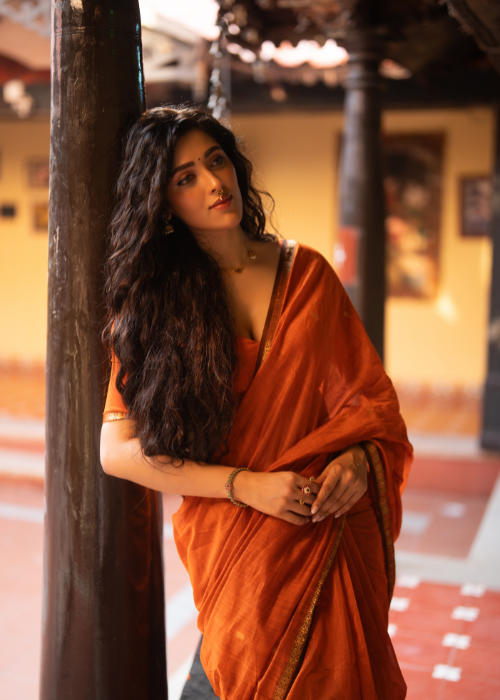 Ethnic Orange Maheshwari Silk Cotton Handloom Saree