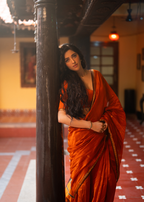 Ethnic Orange Maheshwari Silk Cotton Handloom Saree