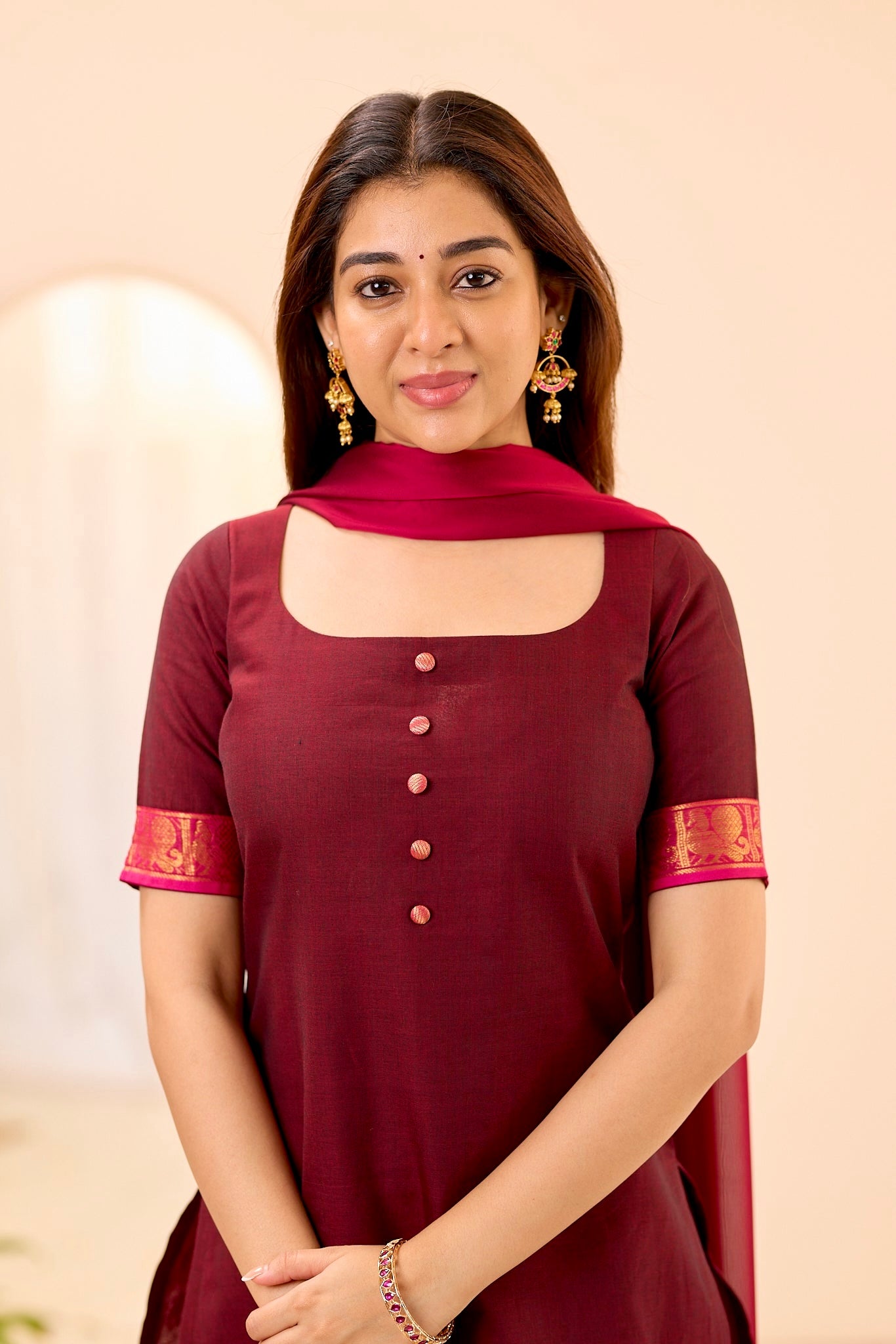 Rich Burgundy with Rani Pink Border Chettinad Top and Dupatta