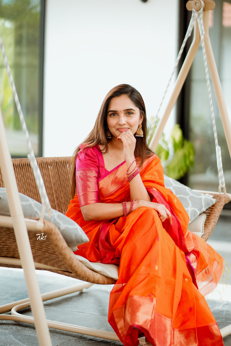 Prathyusha Orange with Pink (Big Border) Maheshwari Silk Handloom Cotton Saree