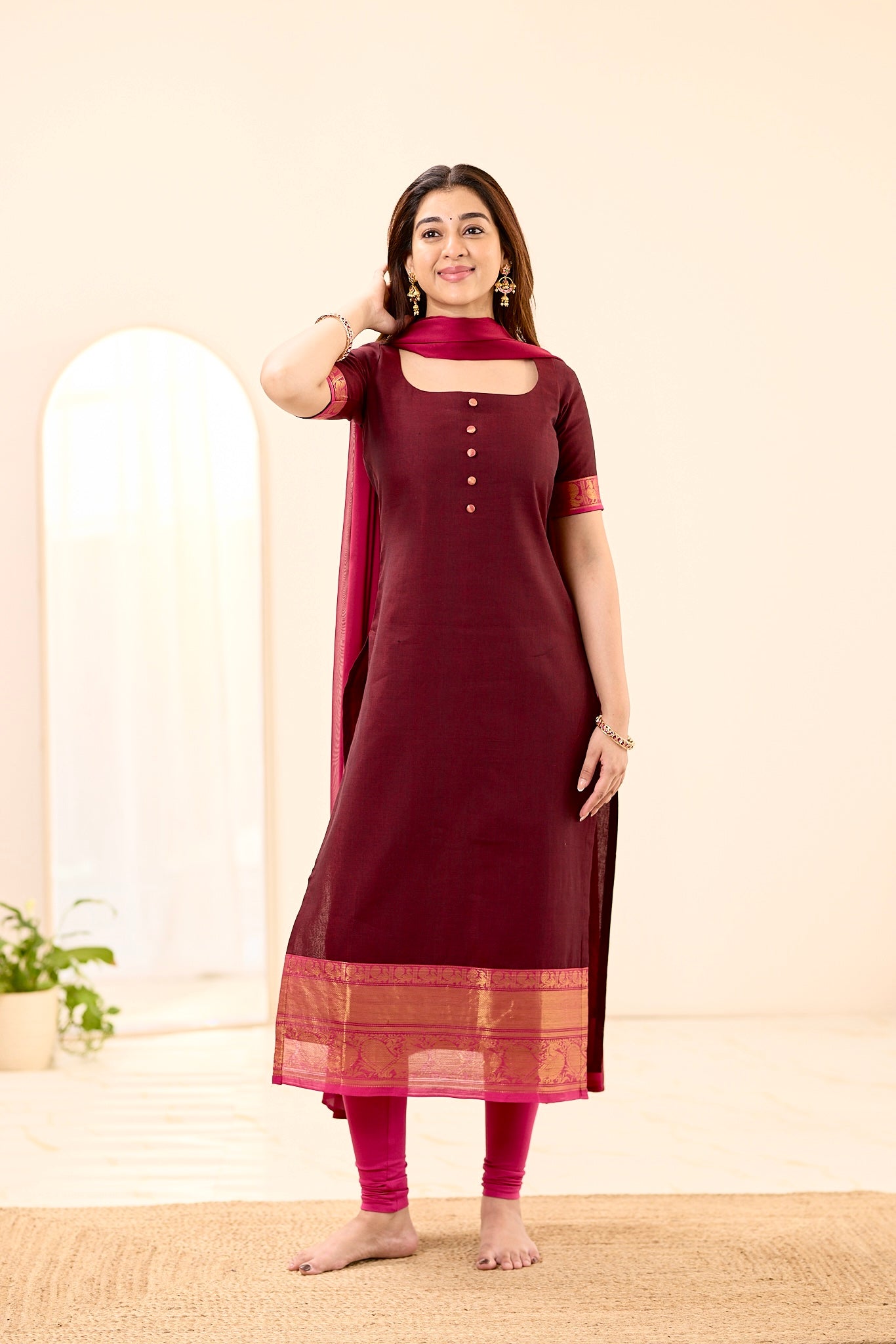 Rich Burgundy with Rani Pink Border Chettinad Top and Dupatta