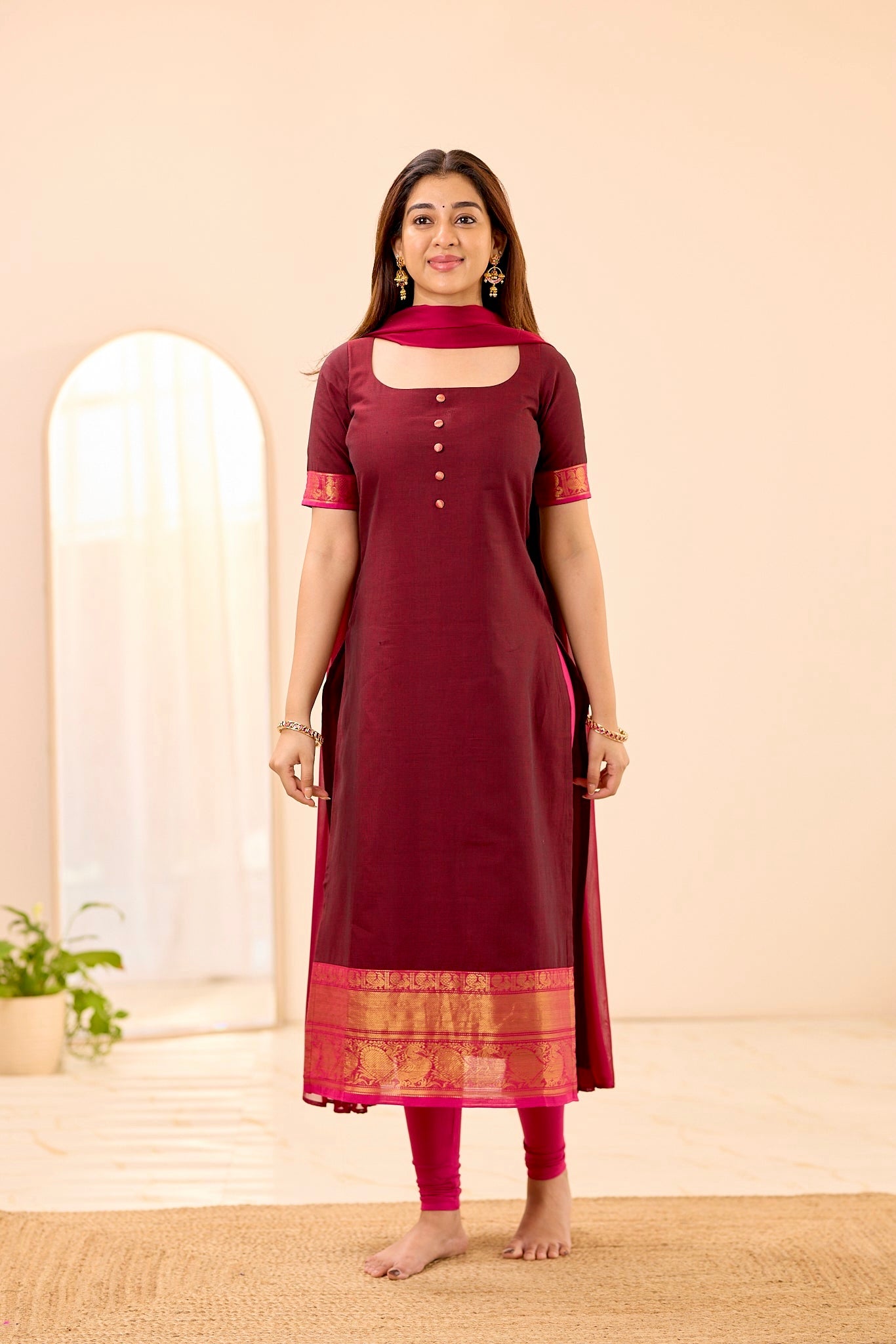 Rich Burgundy with Rani Pink Border Chettinad Top and Dupatta